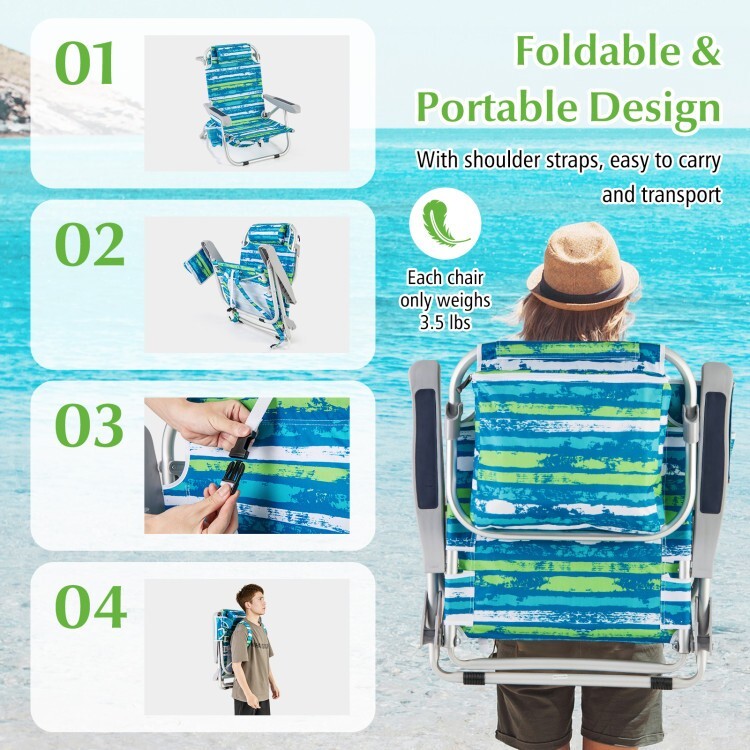Outdoor Backpack Beach Chair Folding Portable w/Cup Holder and Storage Pockets