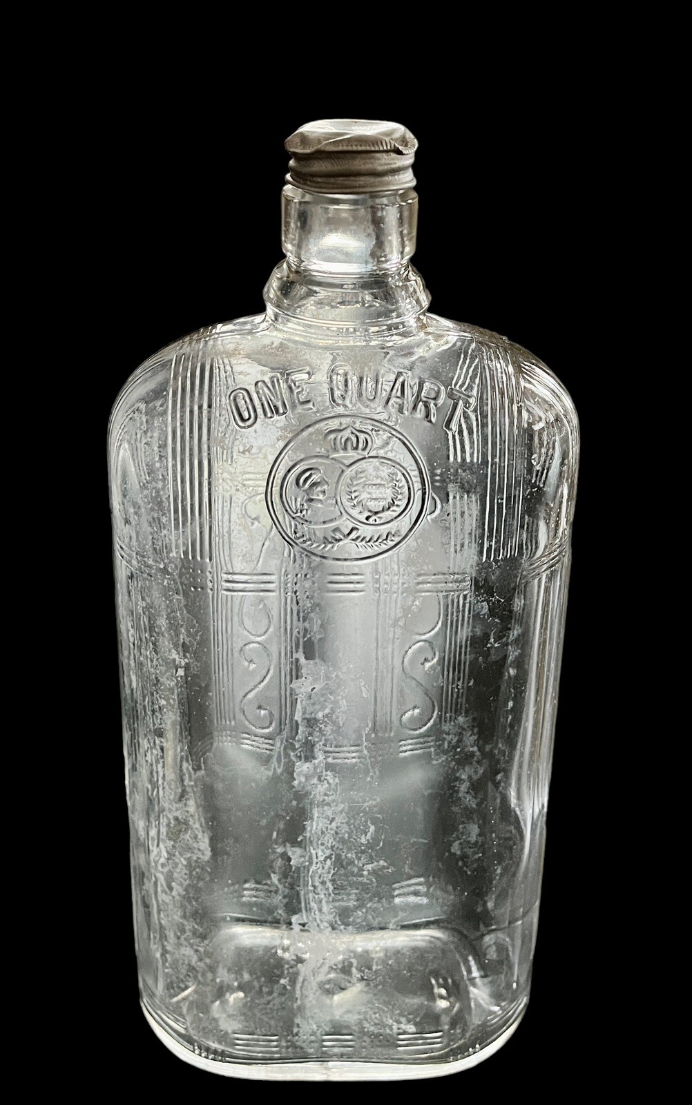 Vintage 1930s Clear Glass Whiskey Liquor Bottle 1 Quart w Lid Etched 10.5” Tall