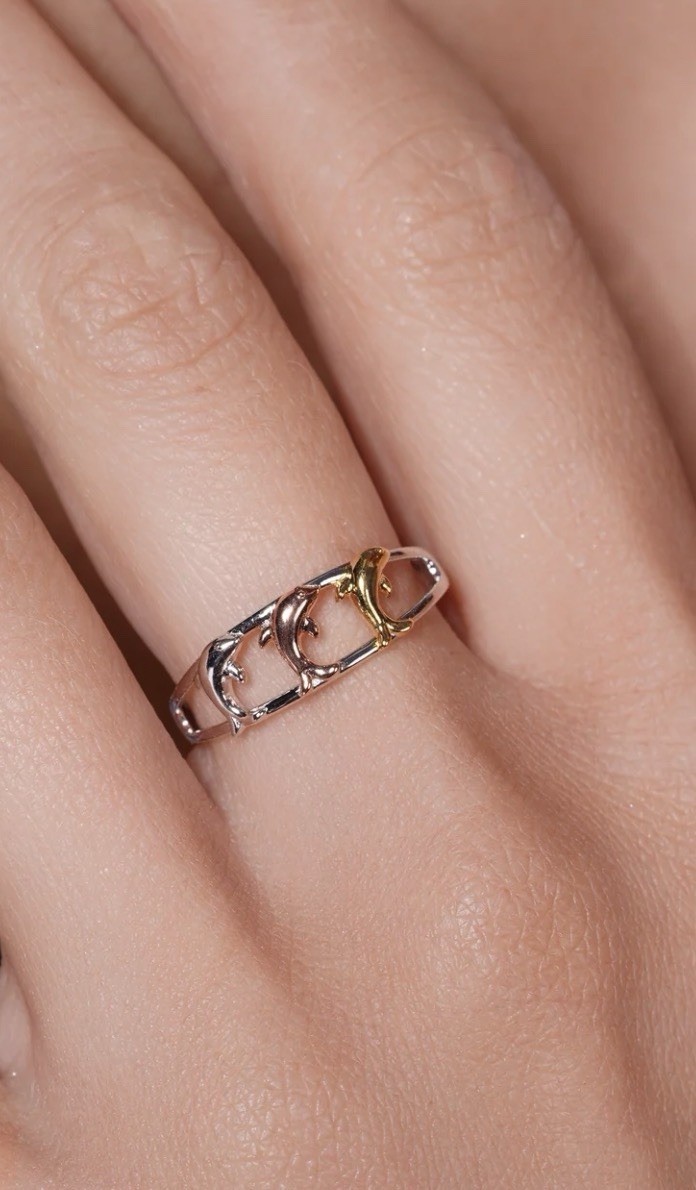 Tri-Tone Plated 925 Sterling Silver Dolphin 6.3mm Ring