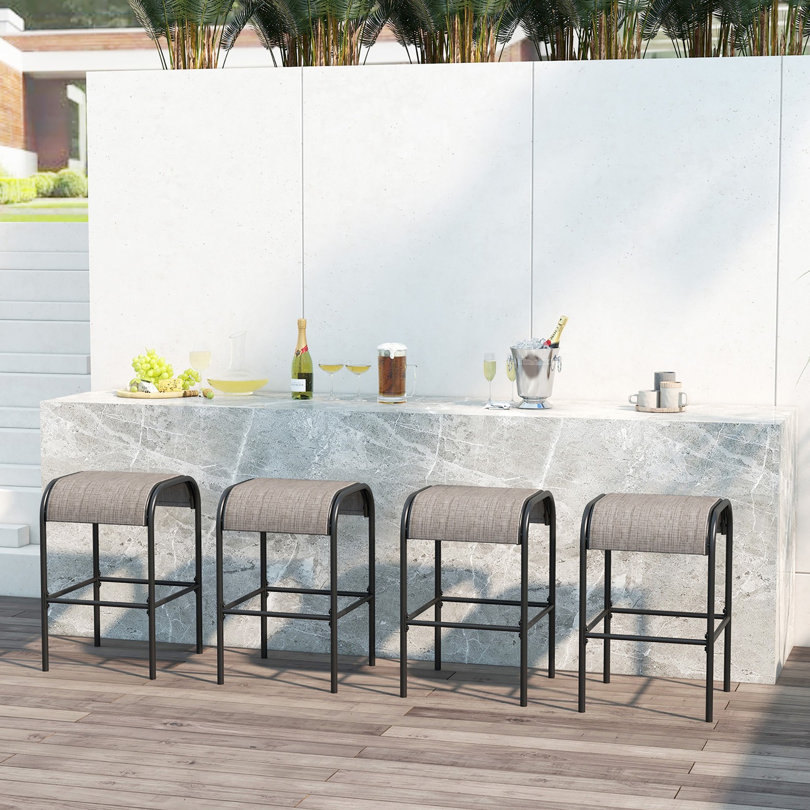 5-Piece Patio Dining Set w/ Umbrella Hole Metal Frame & Breathable Fabric Seat
