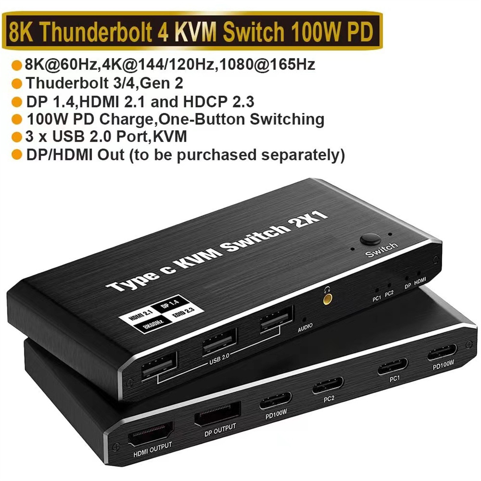 8K 2x1 USB C KVM Switch 100W PD Charge 2 In 1 Out For 2 Laptop 1 Monitor