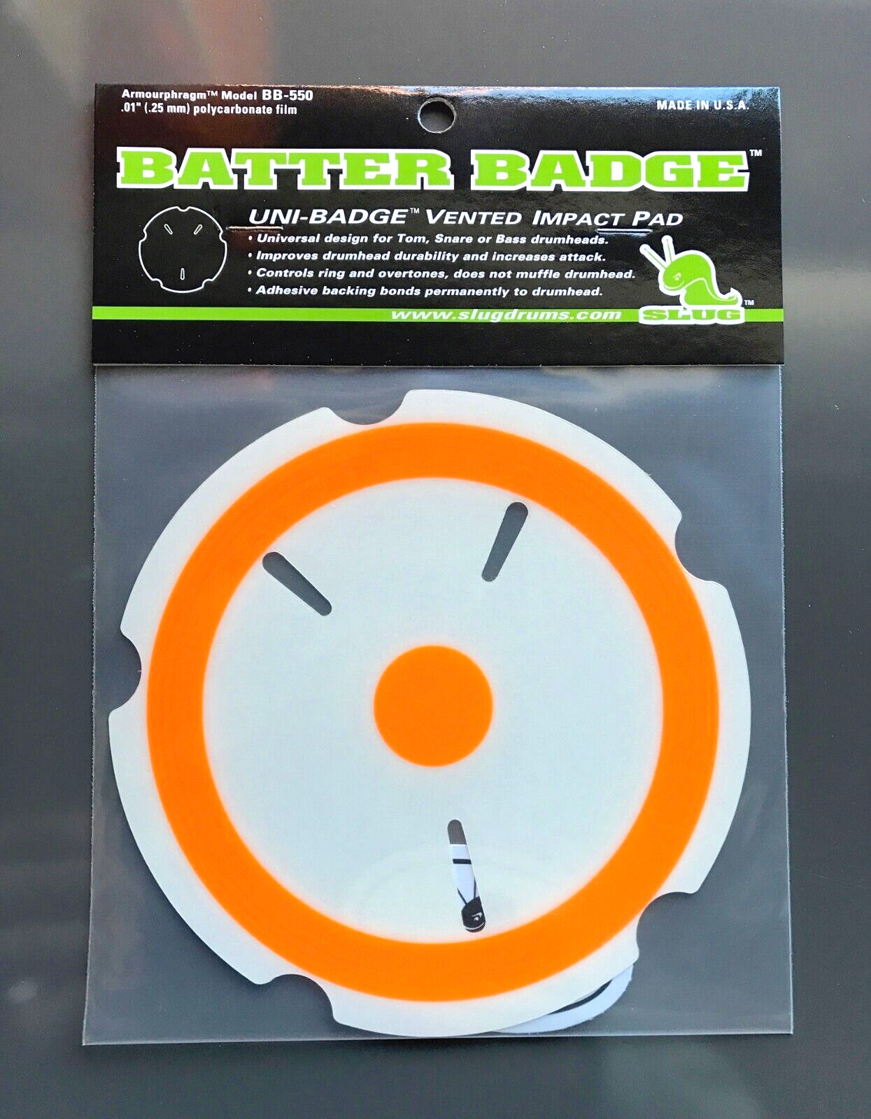 NEW Slug Percussion BB-550 Fluorescent Orange UNI-BADGE impact pad for drumhead