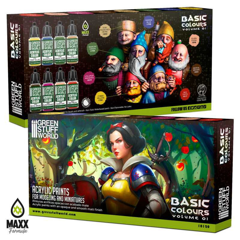 Green Stuff World Acrylic Starter Kit - Basics Vol 01 Model Paint Set - 8 Paints