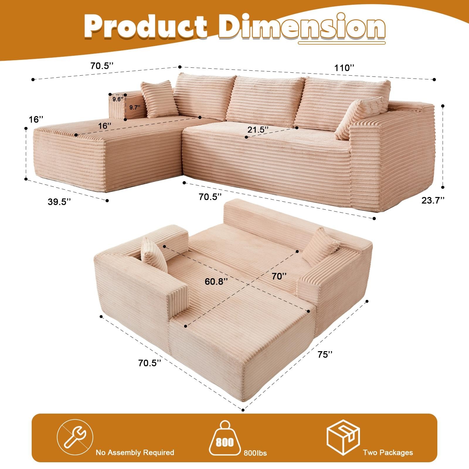 Compression Sectional Couch W/ Chaise | L-Shape Sleeper Sofa | Corduroy Beige