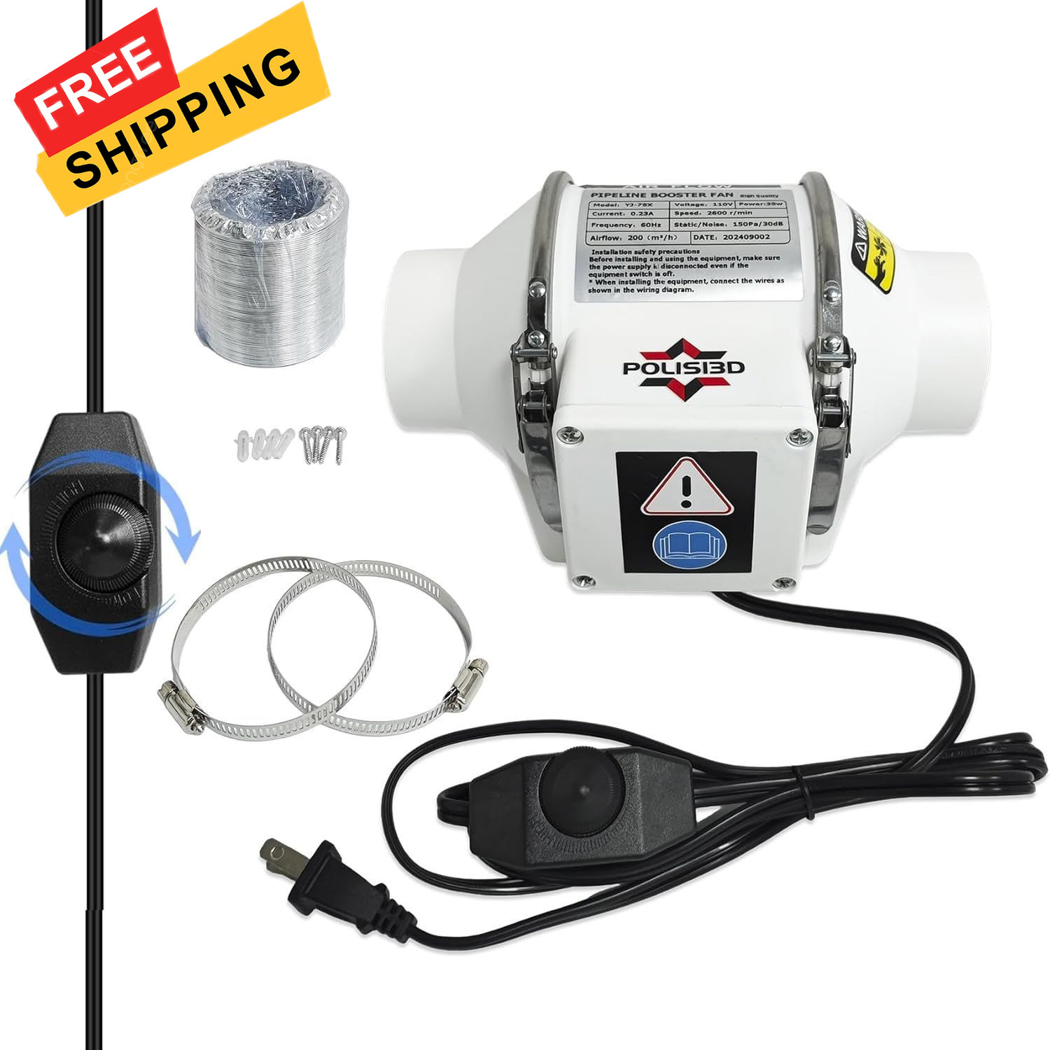 Powerful 3 Inch Inline Duct Ventilation Fan AC Vent Blower Exhaust White