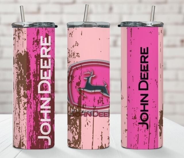 PINK GIRL JOHN DEERE FARMER FARM 20 OZ STAINLESS STEEL TUMBLER CUP + LID & STRAW