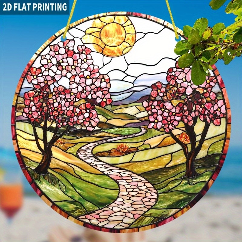 Spring Cherry Blossom Trees Winding Stone Path Sunny Acrylic Suncatcher Decor