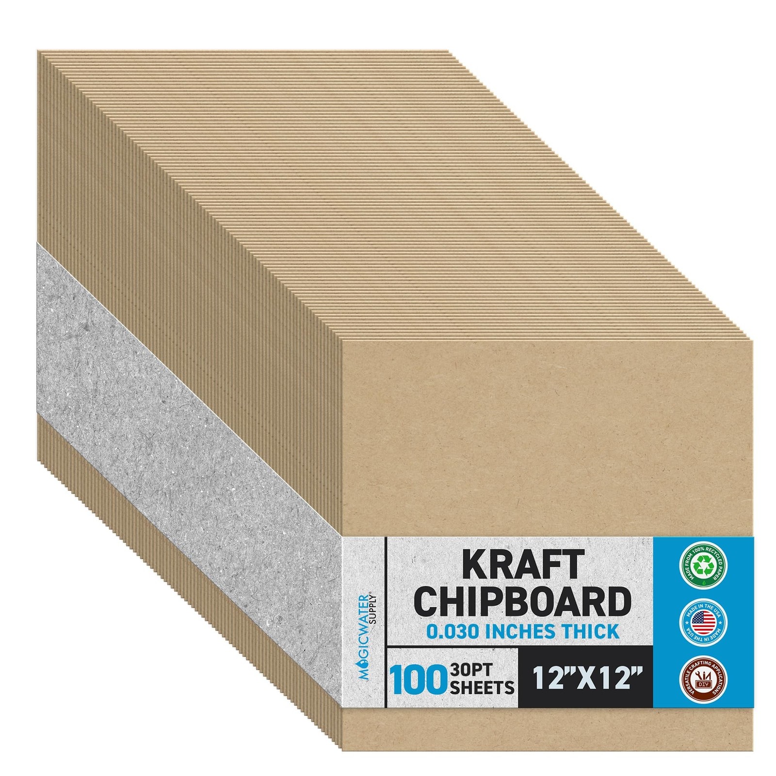MagicWater Chipboard Sheet for DIY Projects - 12x12 Inch - 100 Pack - 30 pt -...