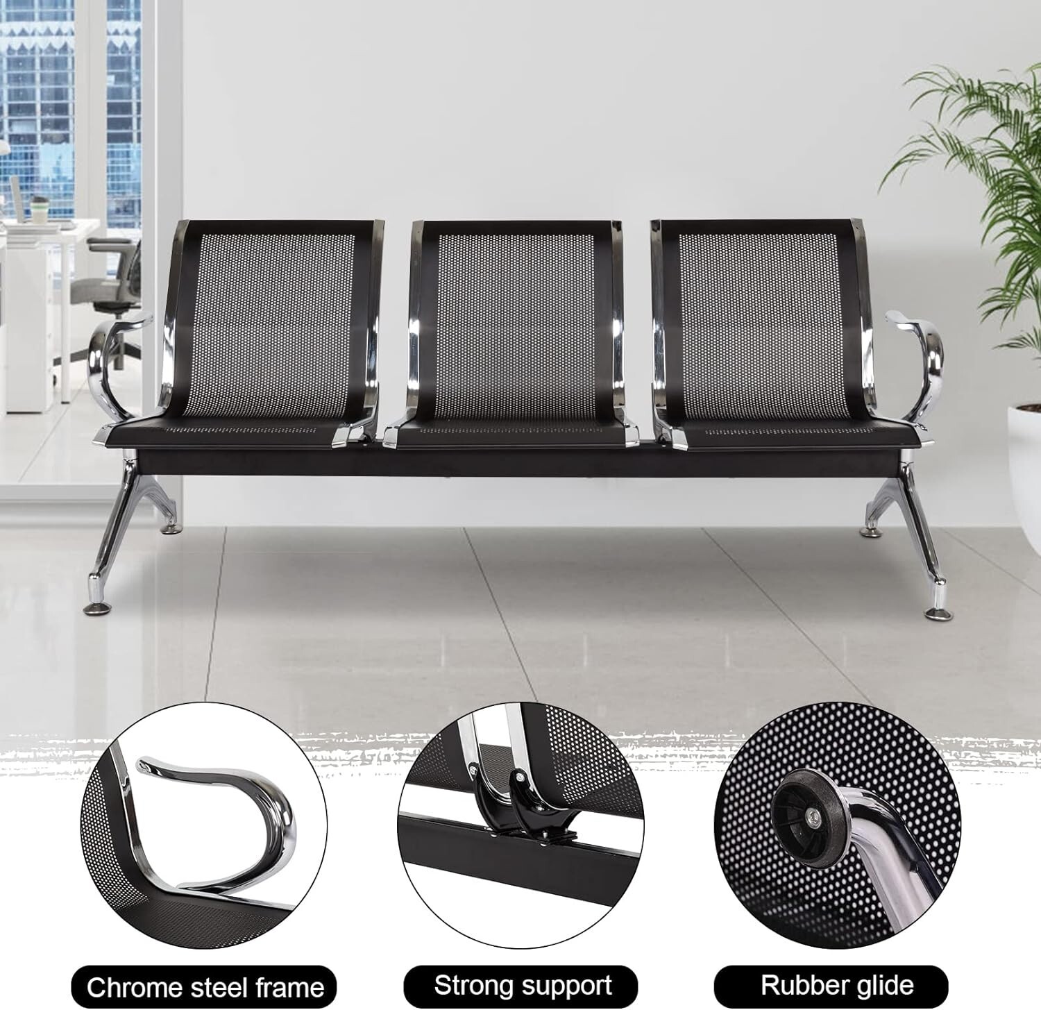 3-Seat Airport Reception Waiting Room Chairs Office Salon Barber Bench Black