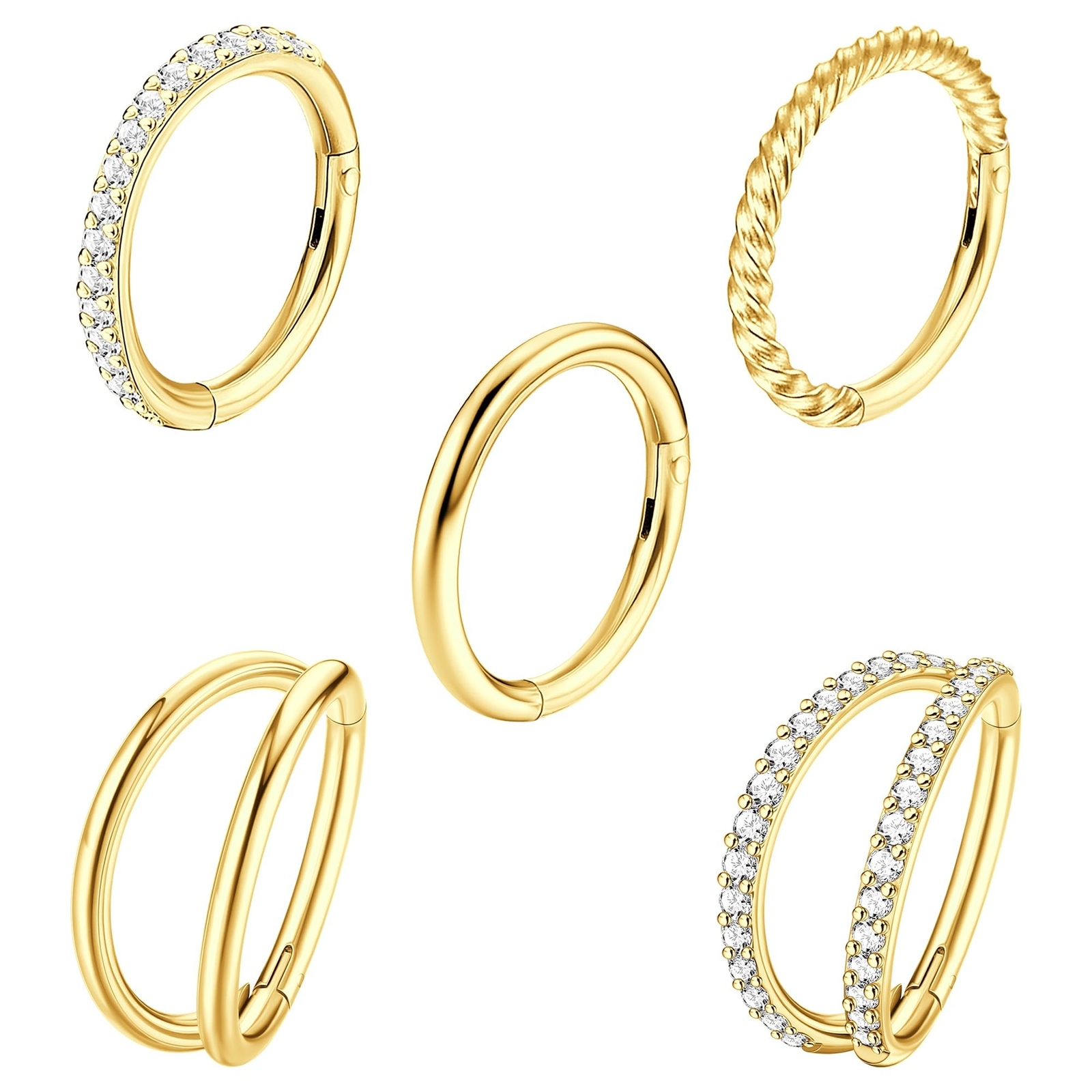 CASSIECA 5Pcs 18G 16G Surgical Steel Nose Rings Hoop for Women CZ Clicker Hin...