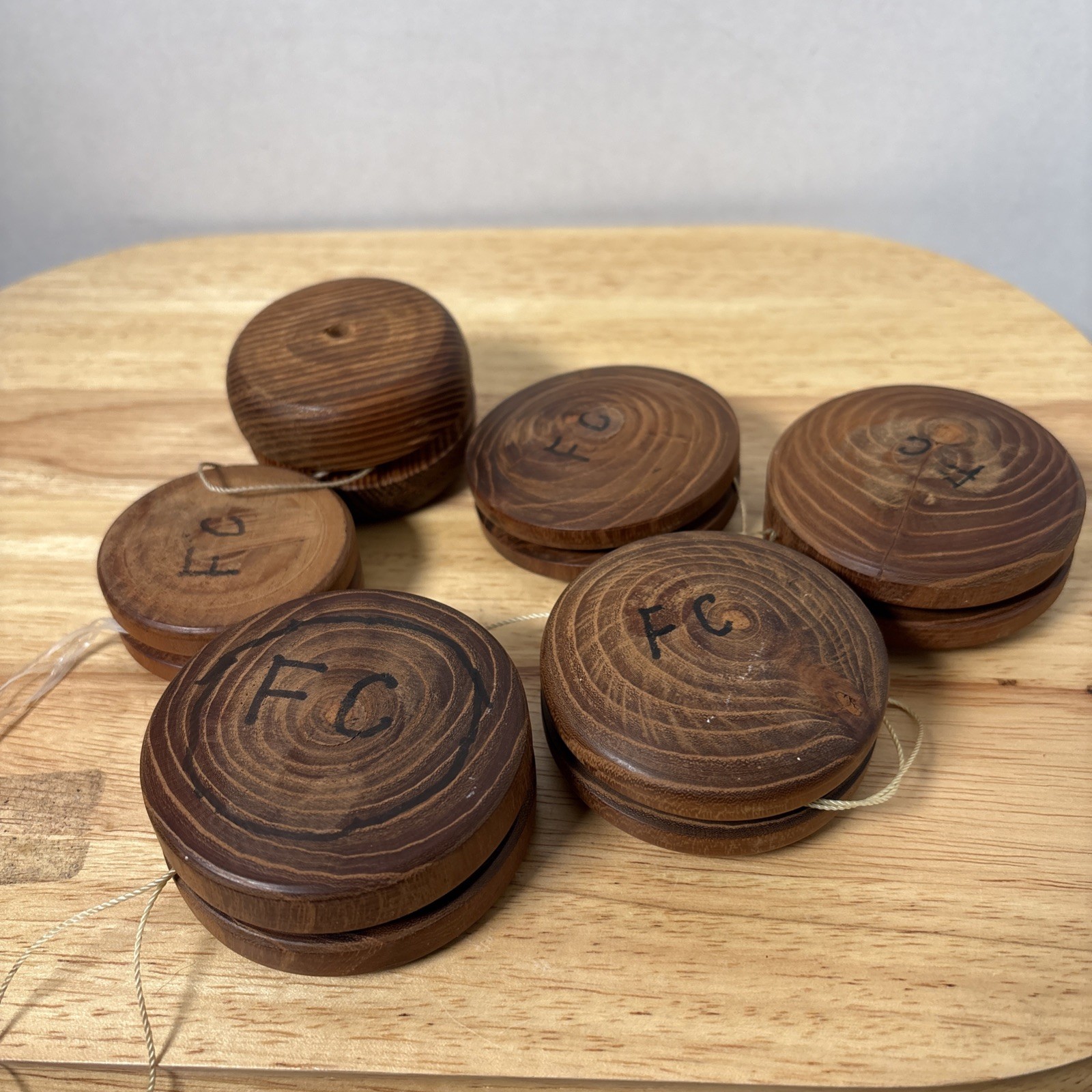 Set of 5 Handcrafted VTG 1994 Wooden Yo-Yos Signed FC Artisan Folk Art + 1 Plain