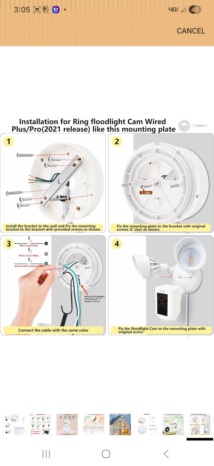 Plug-In Mount for Floodlight Cams with 20Ft/9M Weatherproof Power Cable for Ring