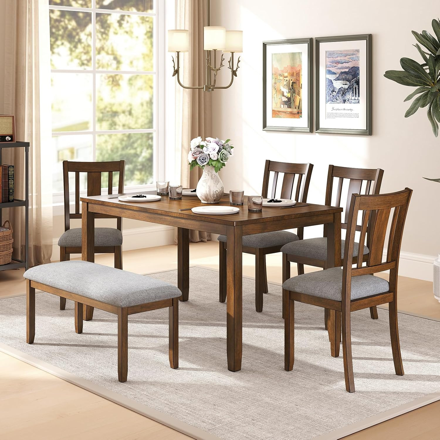 6-Piece Wooden Dining Set - Table & Chairs for 6, Includes Table, 4 Upholstered