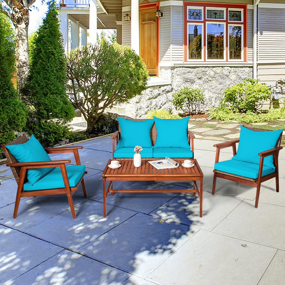 4PCS Outdoor Rattan Furniture Set Acacia Wood Frame Cushioned Sofa Chair