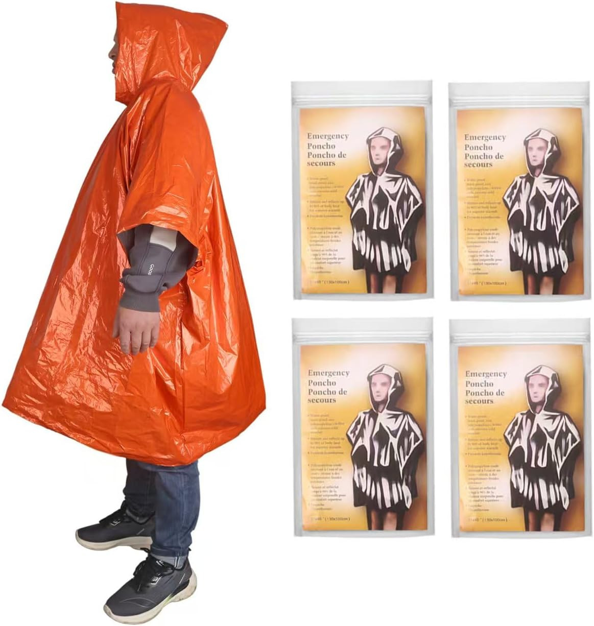 4-Pack Emergency Poncho Orange/Reflective Silver, Reversible Hood Windproof Rain
