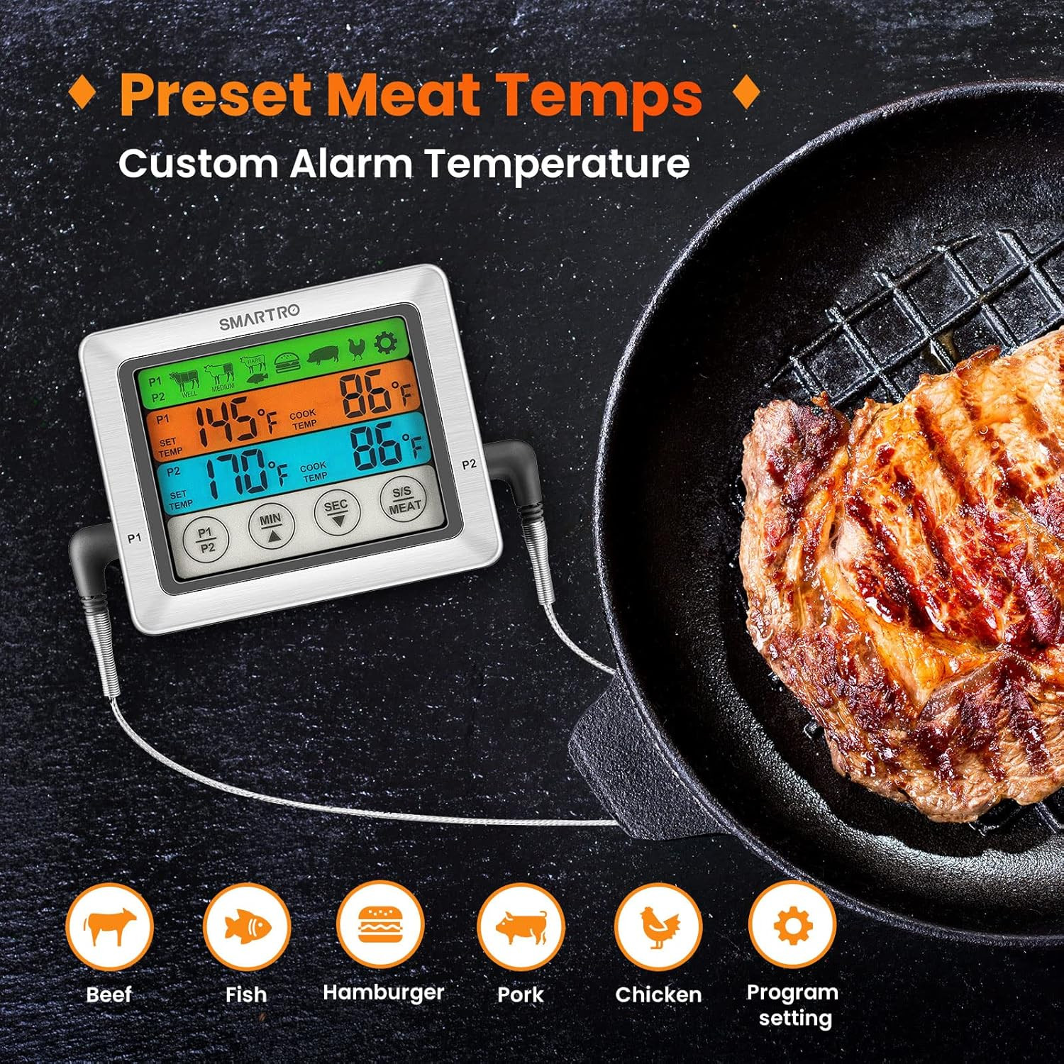 Dual Probe Meat Thermometer Digital BBQ Grill Smoker Oven Timer LCD