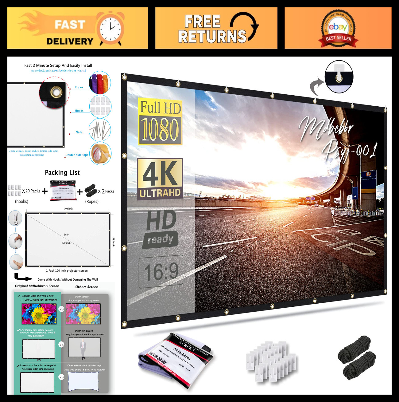 120" Portable Projector Screen 16:9 - Foldable, Anti-Crease, Double-Sided for Ho