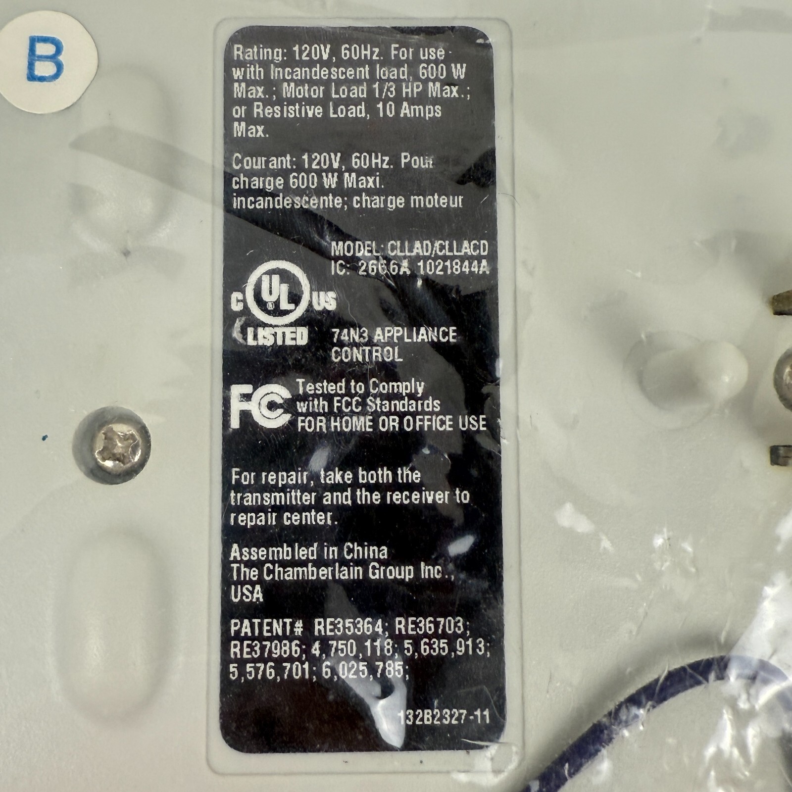 New Genuine Chamberlain CLLAD Remote Light Control Unit Plug-In Electric Module
