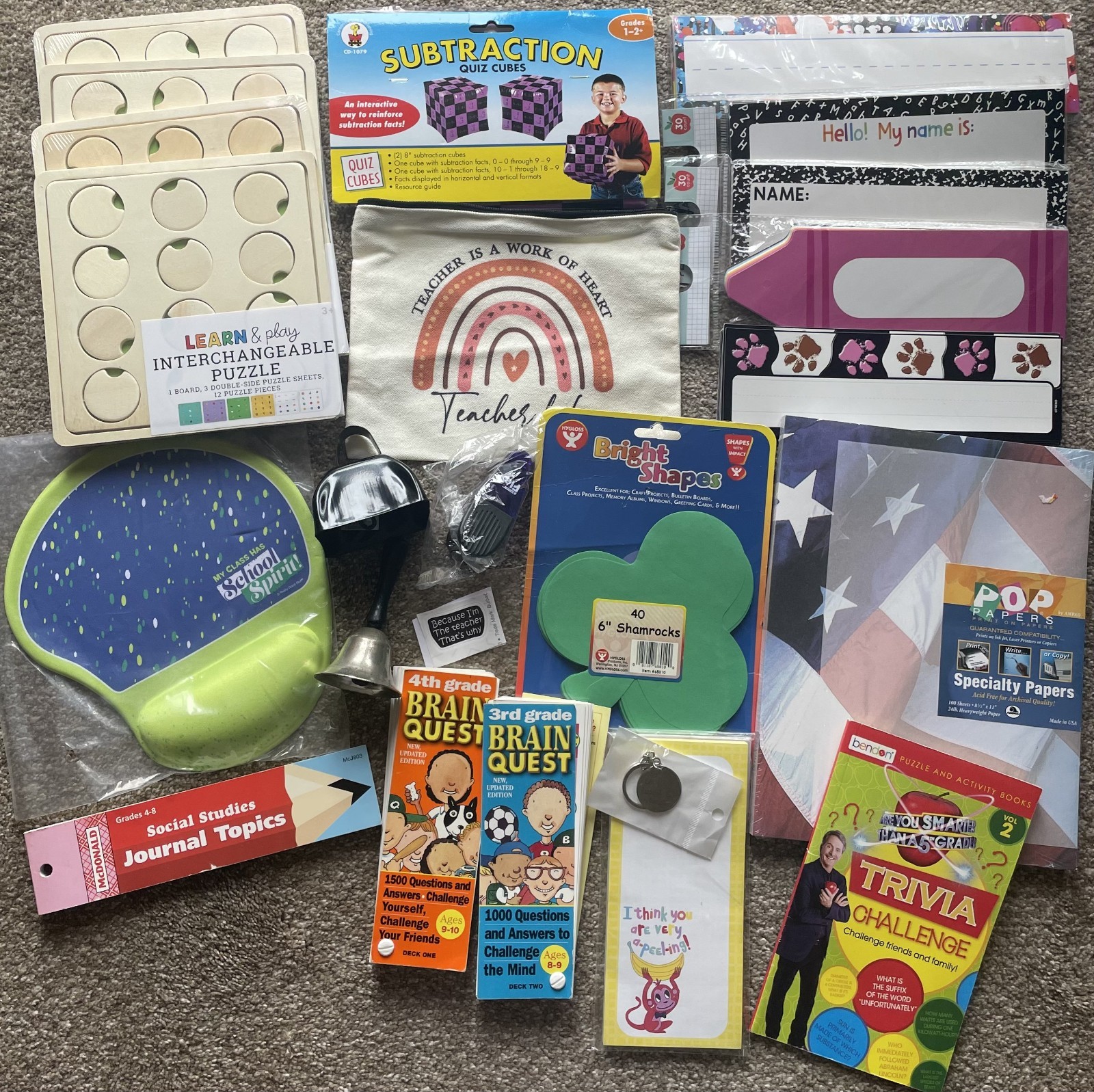 Lot Of Classroom Teacher School Supplies Name Plates Mouse Pad Bags Quiz Books