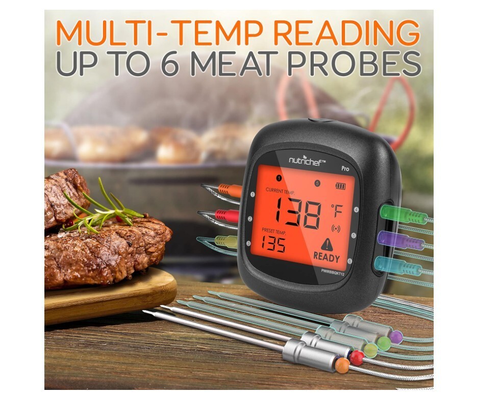 NutriChef Smart Bluetooth BBQ Smoker Thermometer w/ 2 Temp. Stainless Probes LCD
