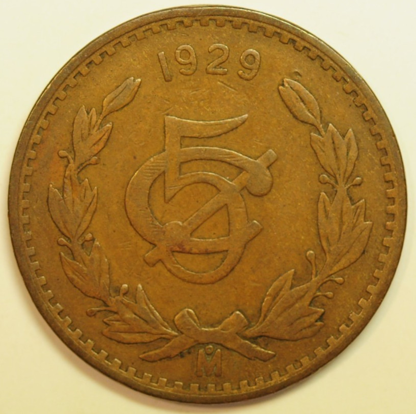 mw29314 Mexico  Bronze 5 Centavos 1929 Mo    KM#422