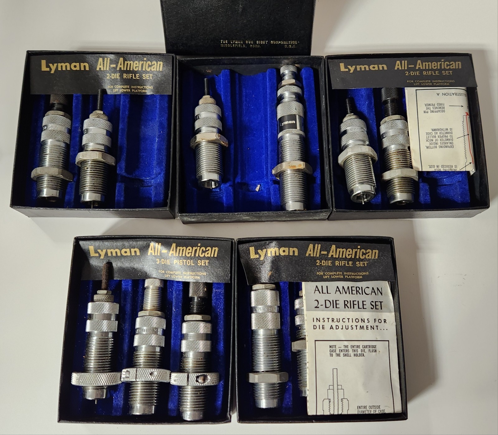 Lyman All-American Reloading Dies Pistol & Rifle Sets – 5 Boxes Total