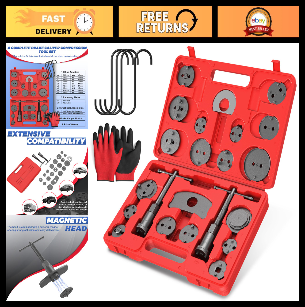 Universal Heavy Duty Brake Caliper Compressor Tool Set - 28 Pieces for Pad Repla