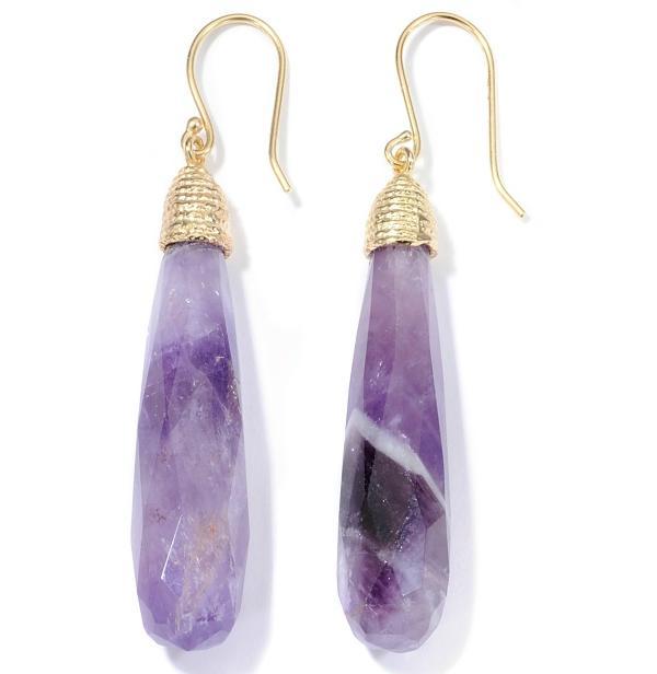 Technibond Natural Amethyst Gemstone Drop Earrings 14K Yellow Gold Plated Silver