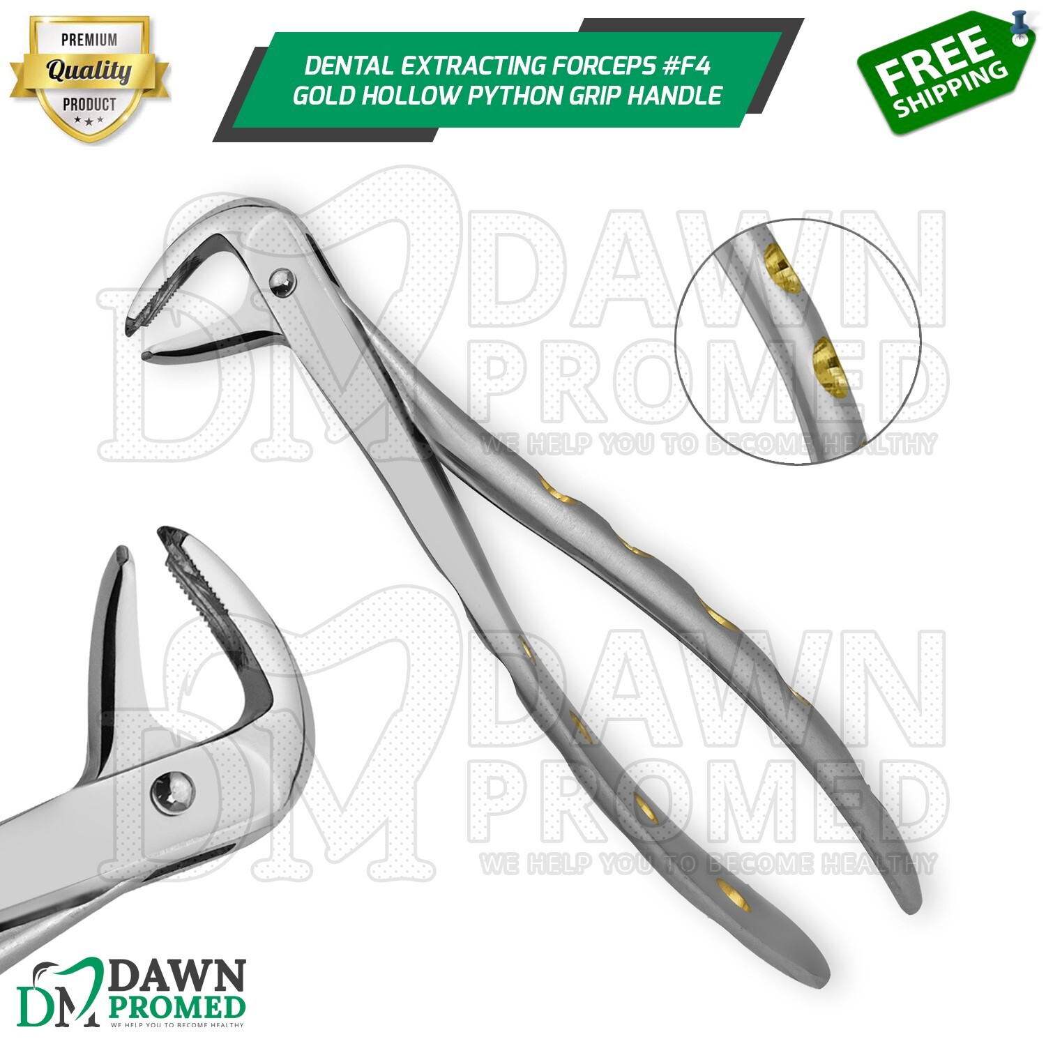 Dental Extracting Forceps #F4 Gold Hollow Python Grip Handle German Grade