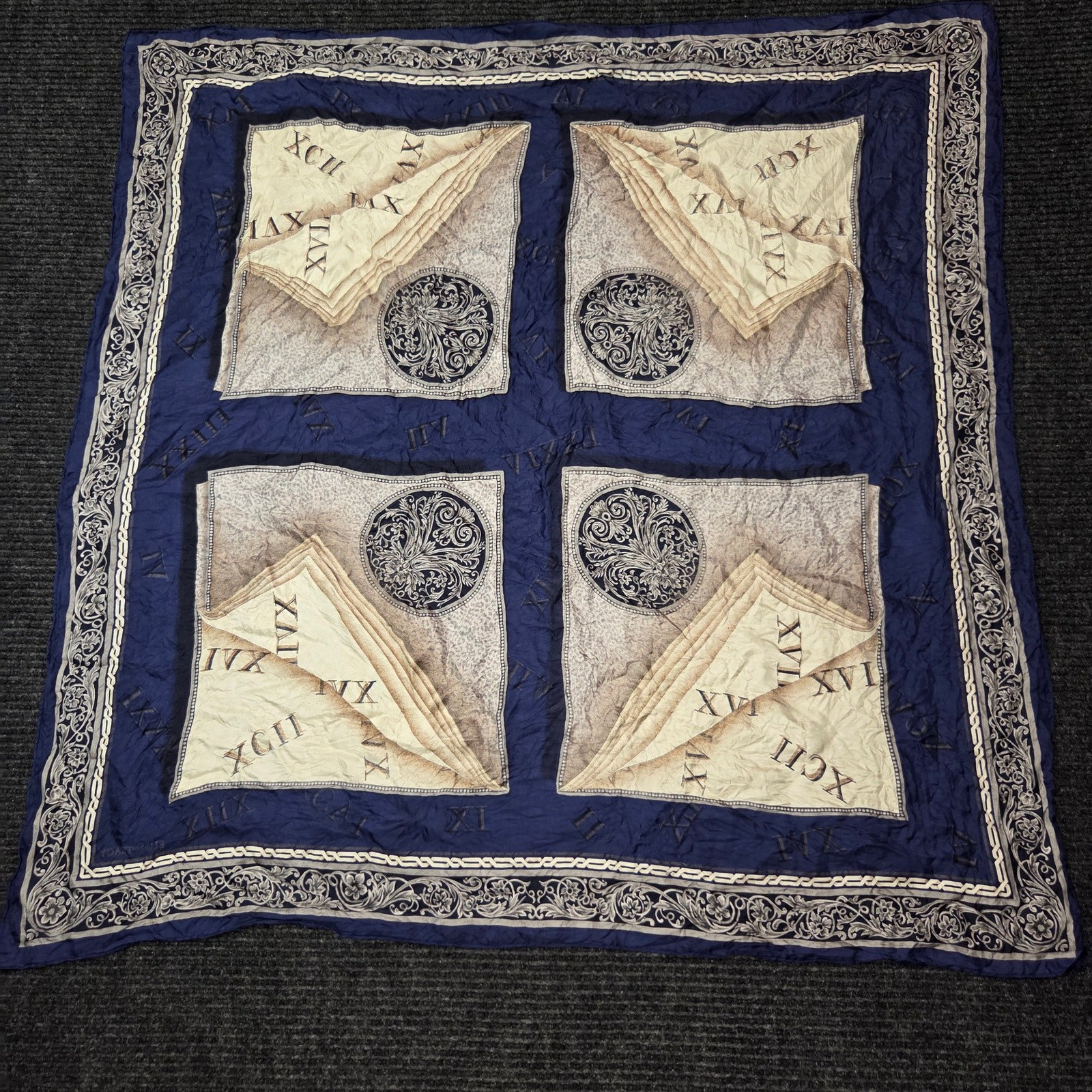 Ellen Tracy Silk Scarf 33x33 Blue Bronze Roman Numerals