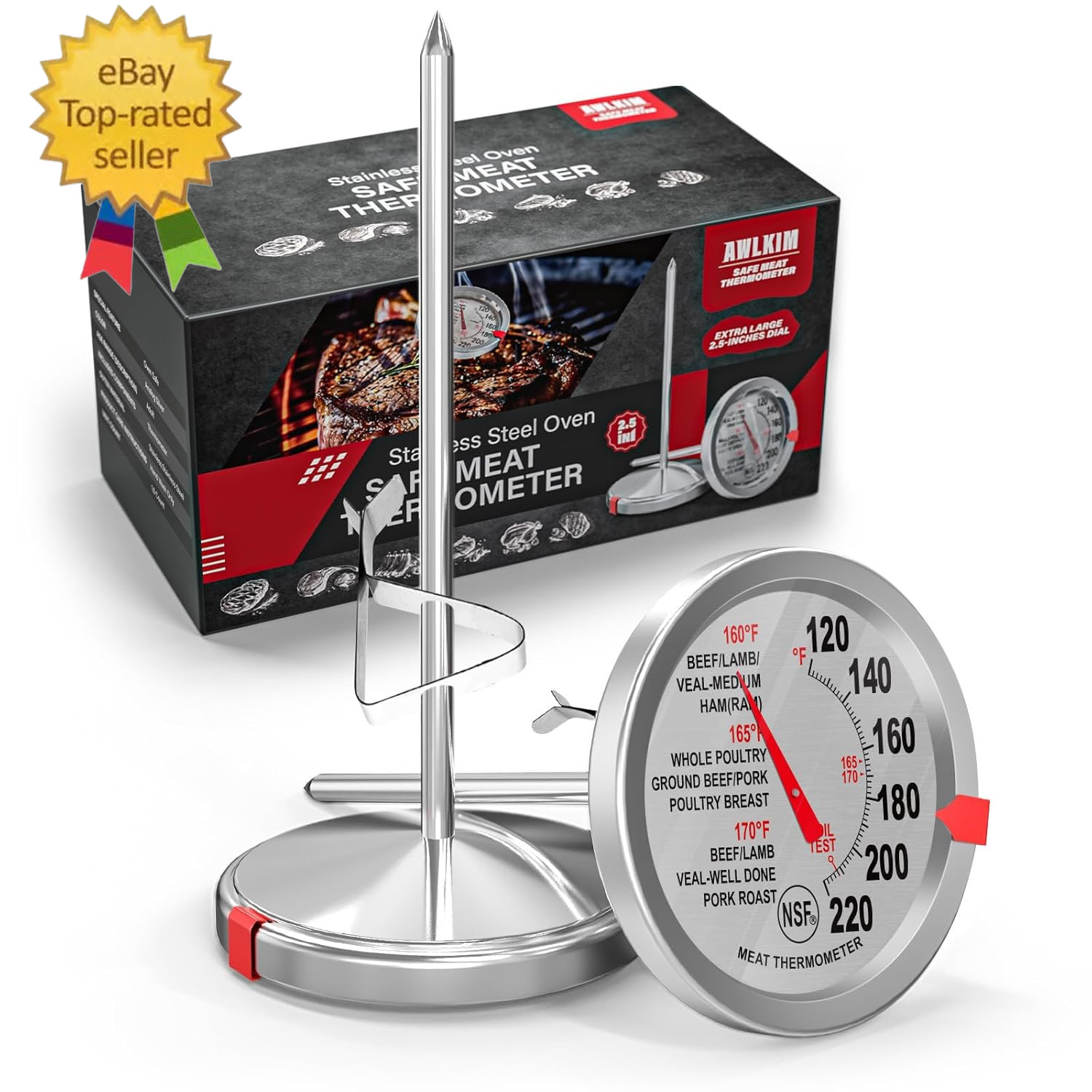 2 Pack Stainless Steel Meat Thermometer, Safe Leave in Oven, 2.5-In Extra-Large