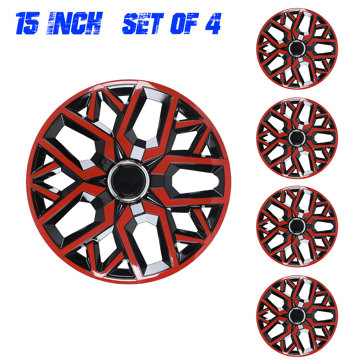 15" Hubcaps Universal Wheel Covers Snap On with Rings Set of 4 Red & Black