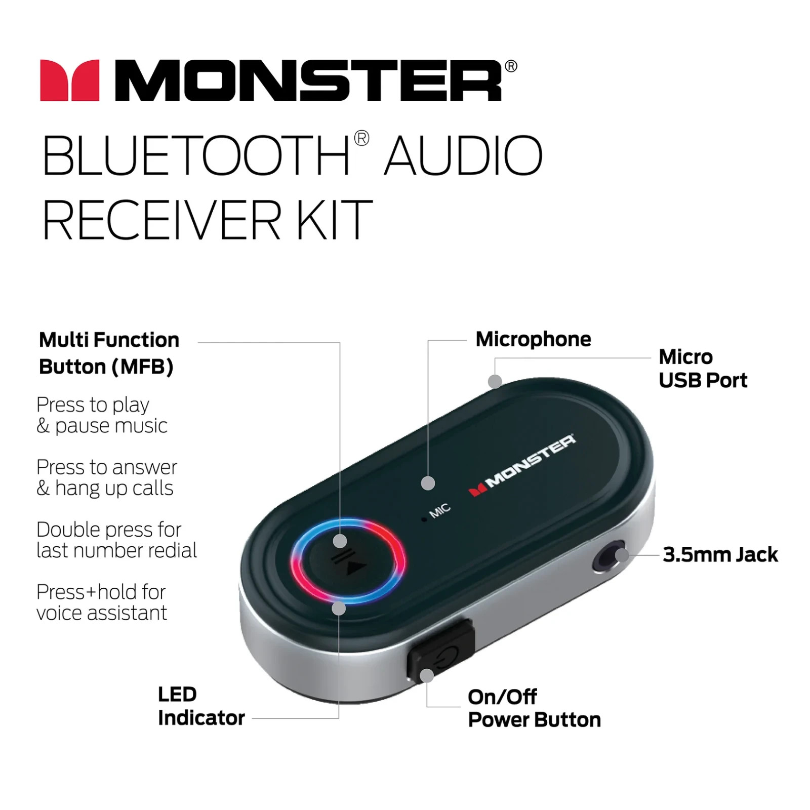 Monster 7-Piece Bluetooth Audio Receiver Kit Car Home Use