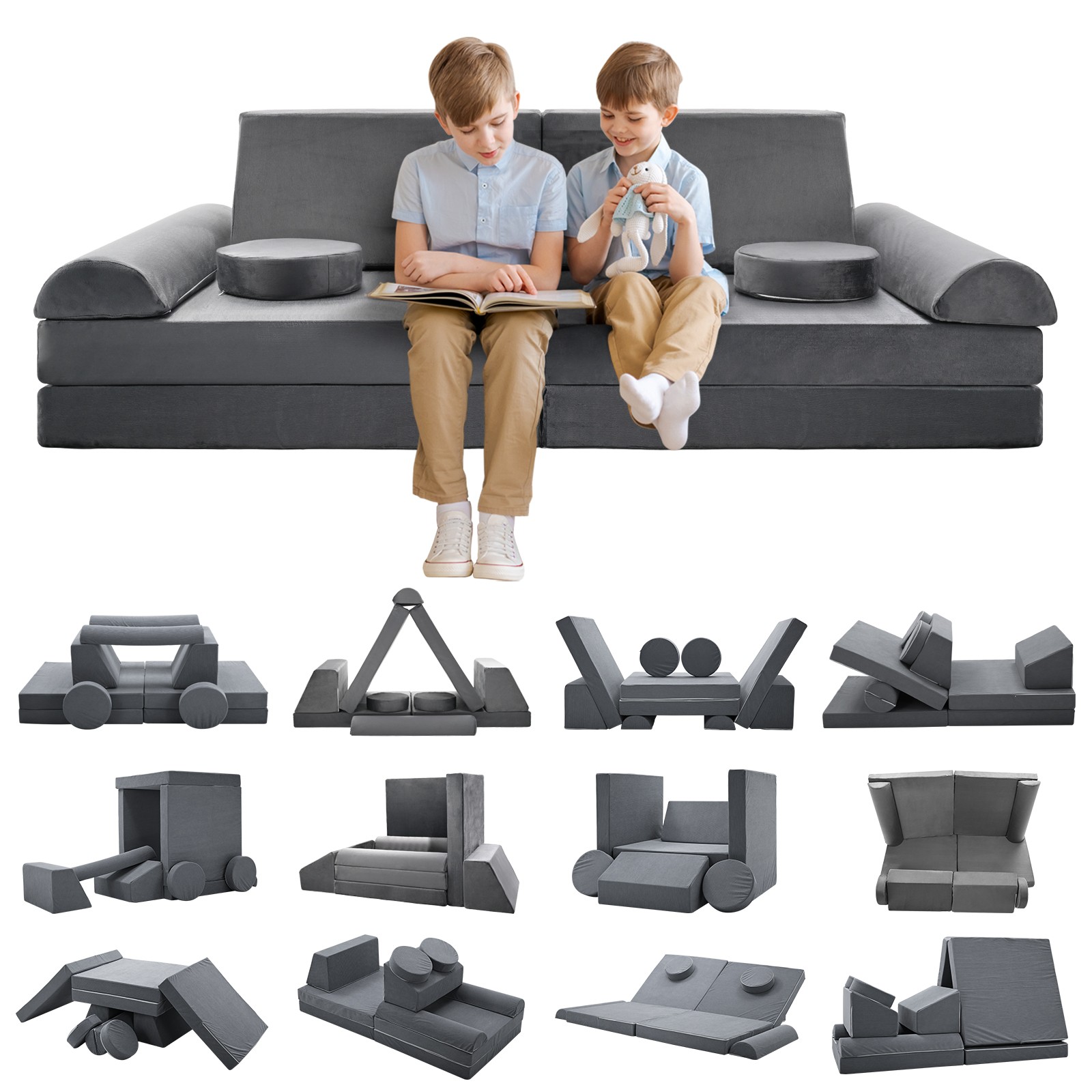 H&ZT Kids Couch Toddler Couch 8/10/11 pcs Modular Sofa Play Couch for Playroom