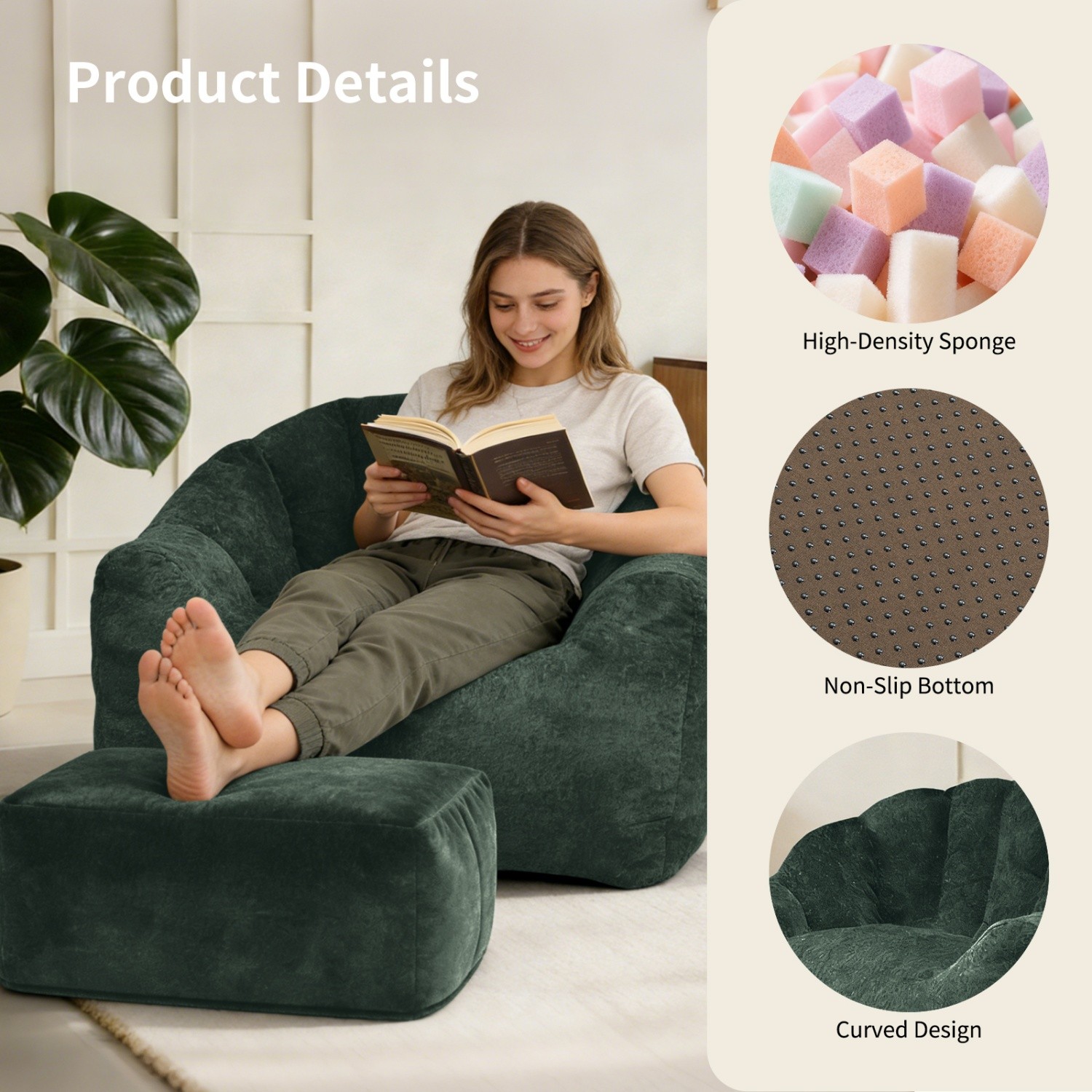 Small Space Bean Bag Chair w/ Ottoman & Memory Foam Filled for Apartment Bedroom