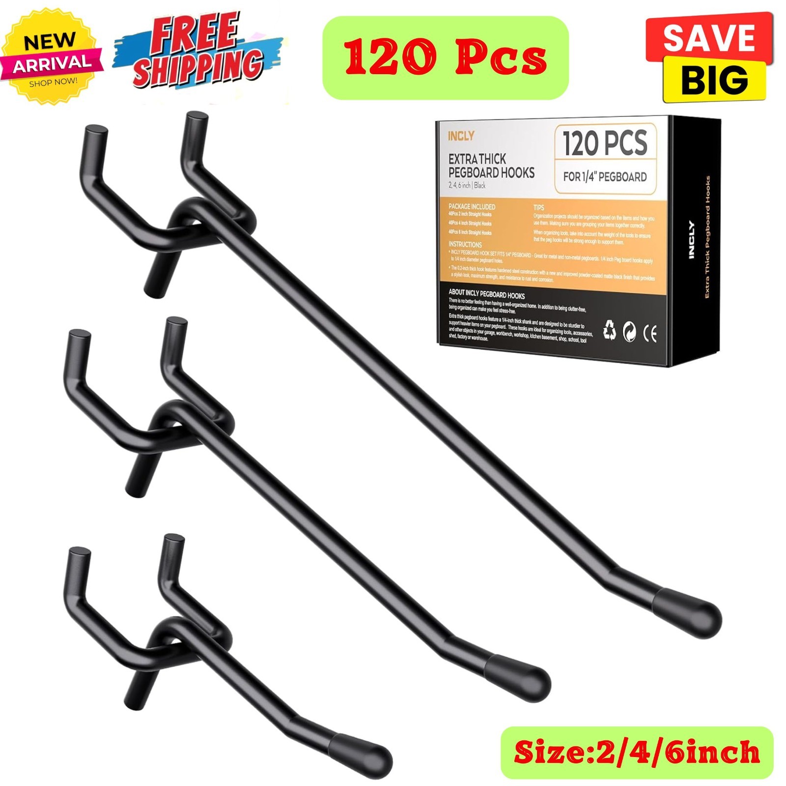 120Pk 2/4/6" Black Pegboard Hooks Tool Hanger for 1/4" Pegboard, Garage, Kitchen