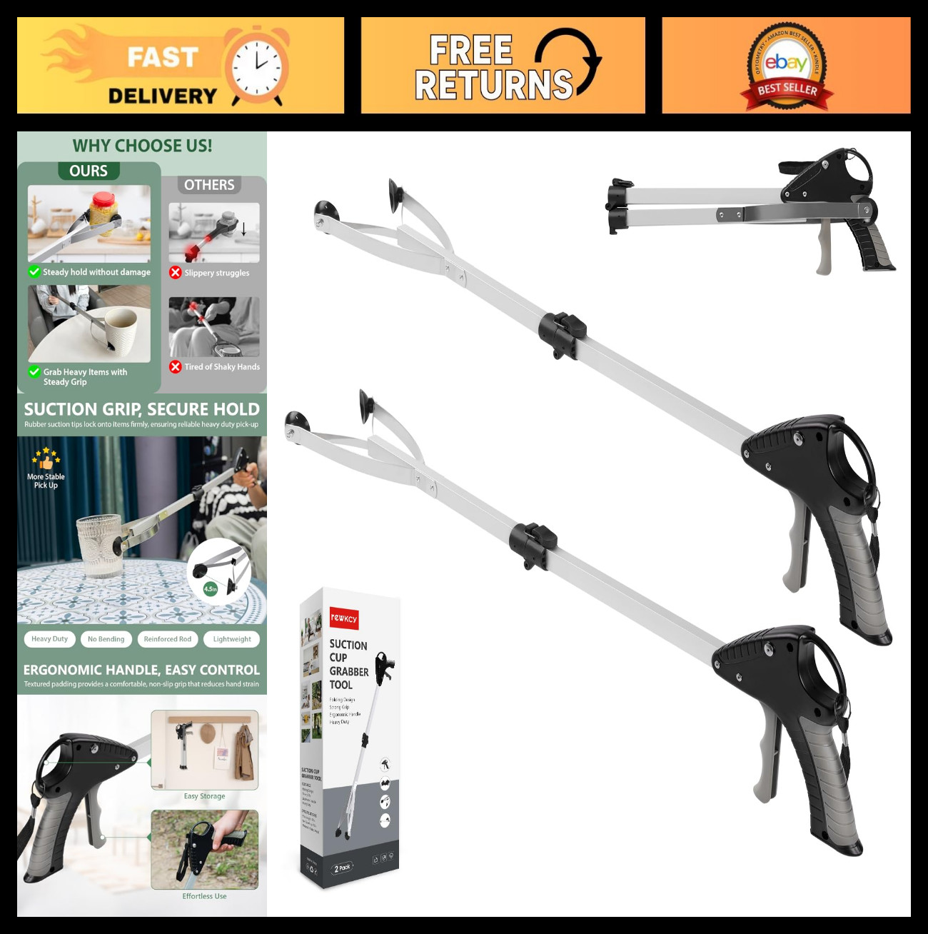 32" Foldable Grabber Tool 2-Pack - Heavy Duty Suction Cup Grip, Trash Picker for
