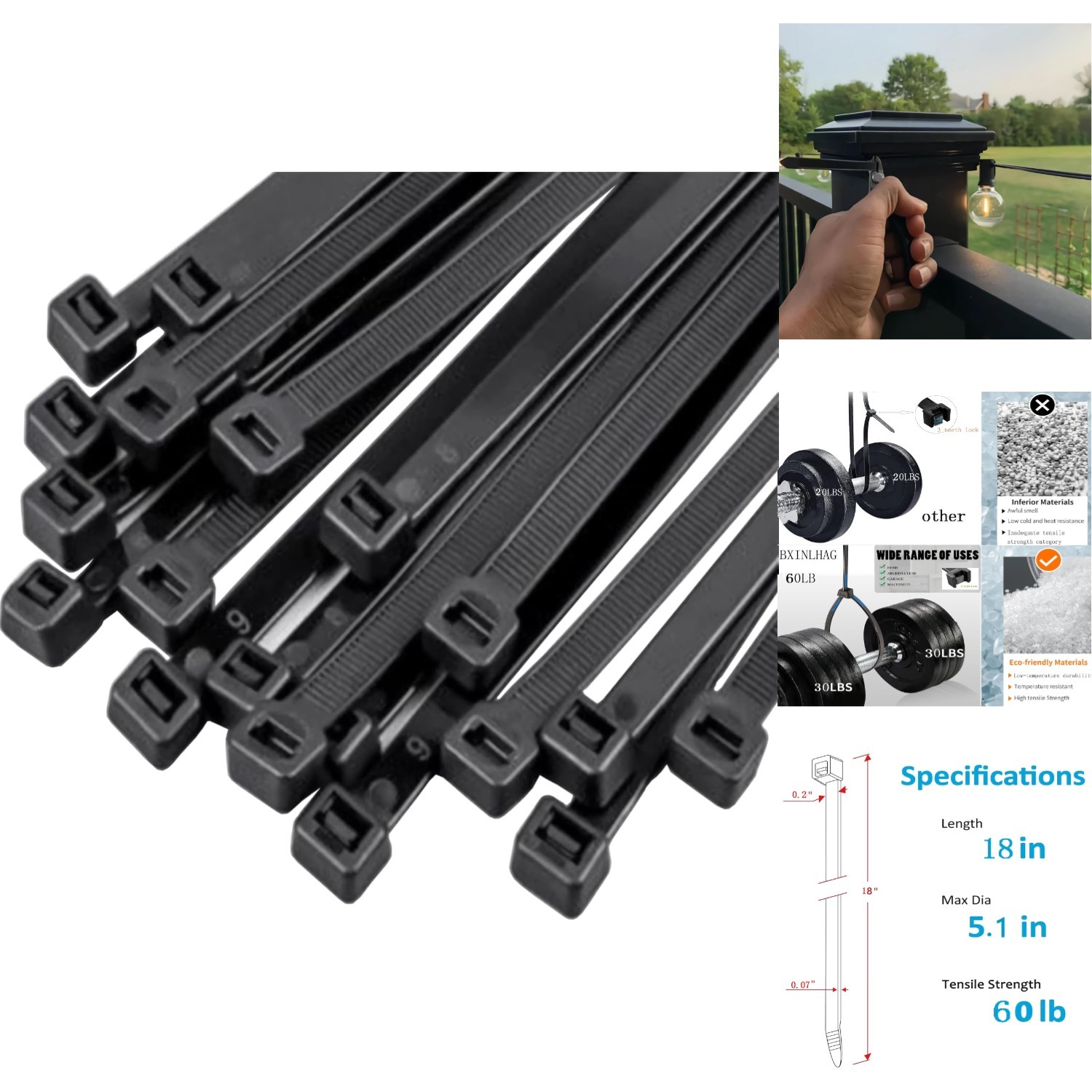 18 Inch Black Zip Ties 100 Pack Heavy Duty UV Resistant Nylon Plastic Cable Ties