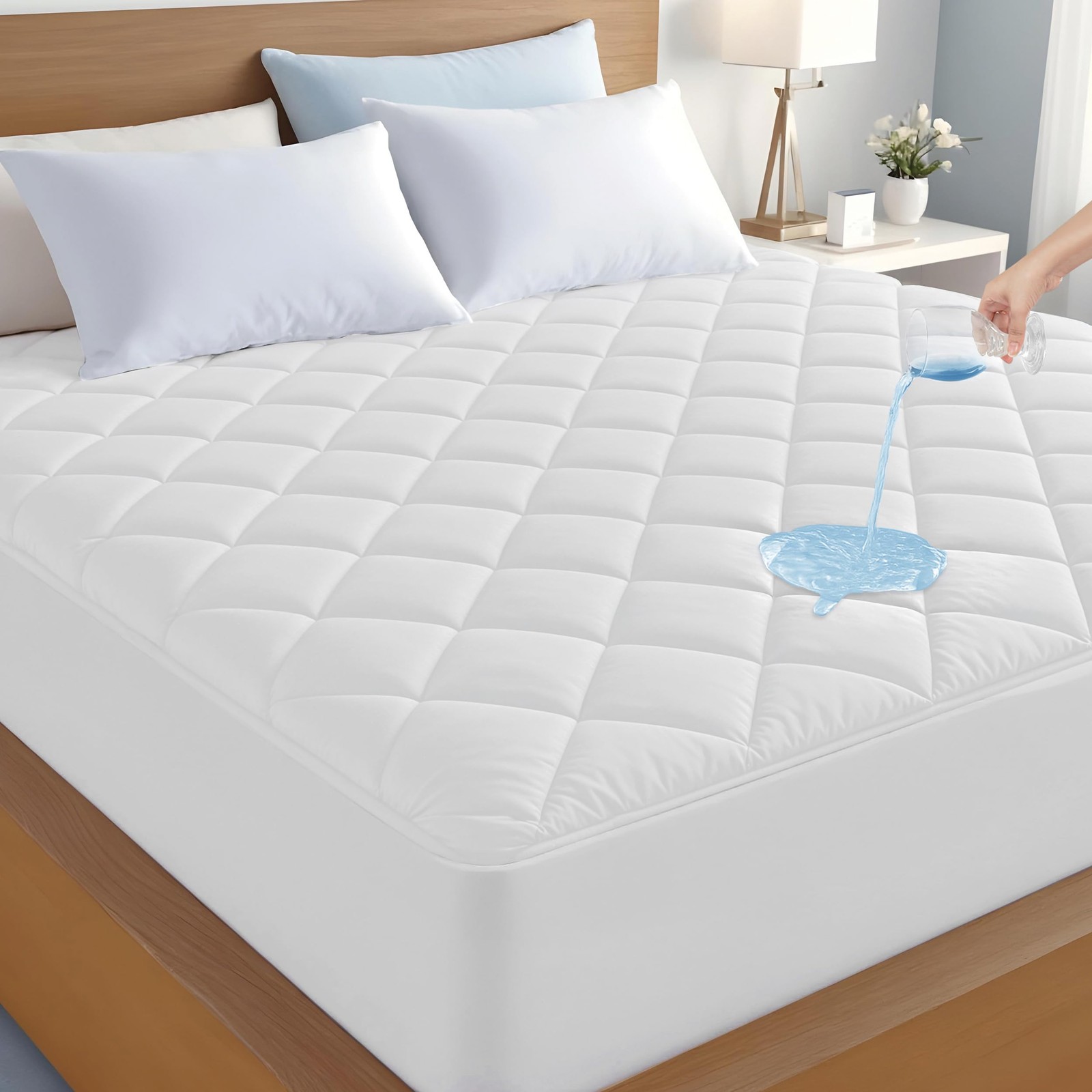 LUX Décor Queen Mattress Pad - Quilted Elastic Fitted Queen, White
