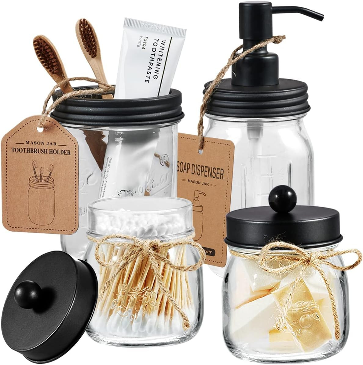 4 Pcs Mason Jar Bathroom Accessories Set - Rustic Farmhouse Bathroom Home Decor