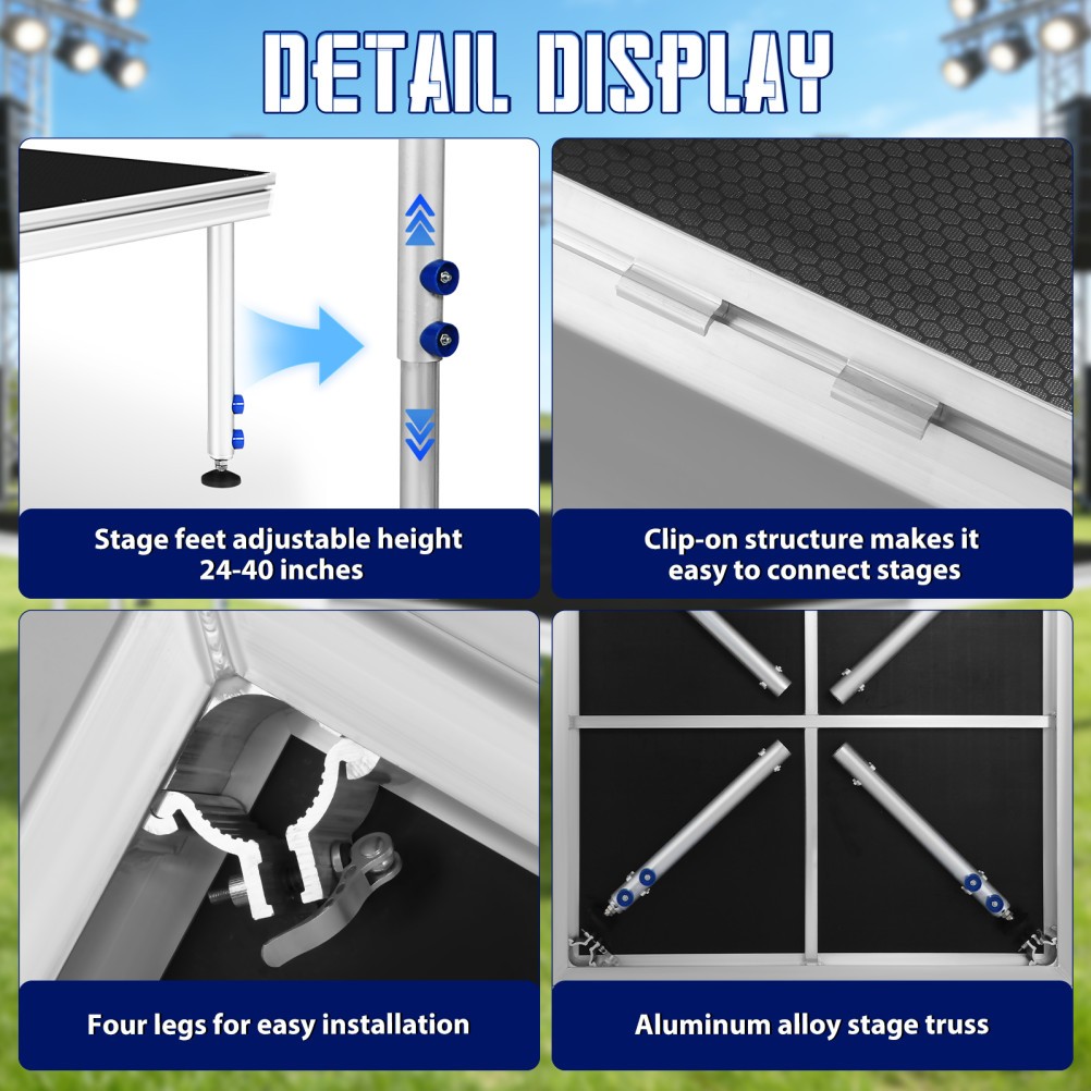 4 x 4 FT Lightweight Aluminum Performance Stage Riser Height Adjustable 24" -40"