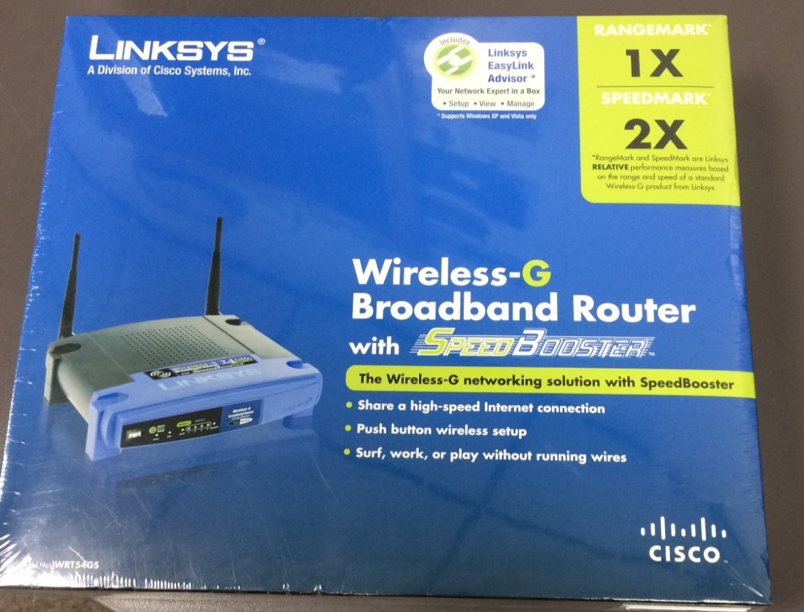 LINKSYS Broadband Router w Speed Booster, Model WRT54GS, Sealed Box