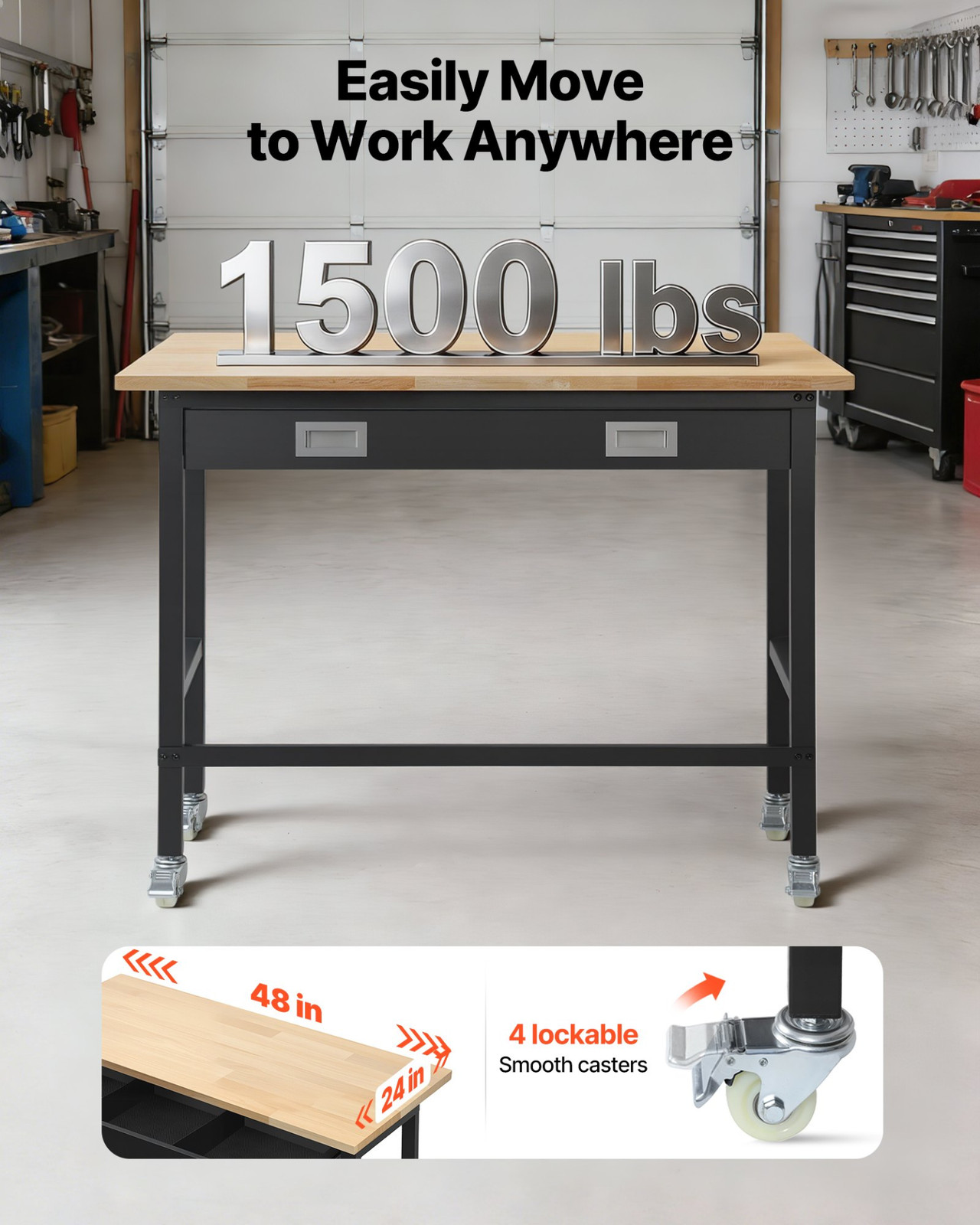 48 in Workbench 1500 lb Capacity Oak Top with Drawer Wheels