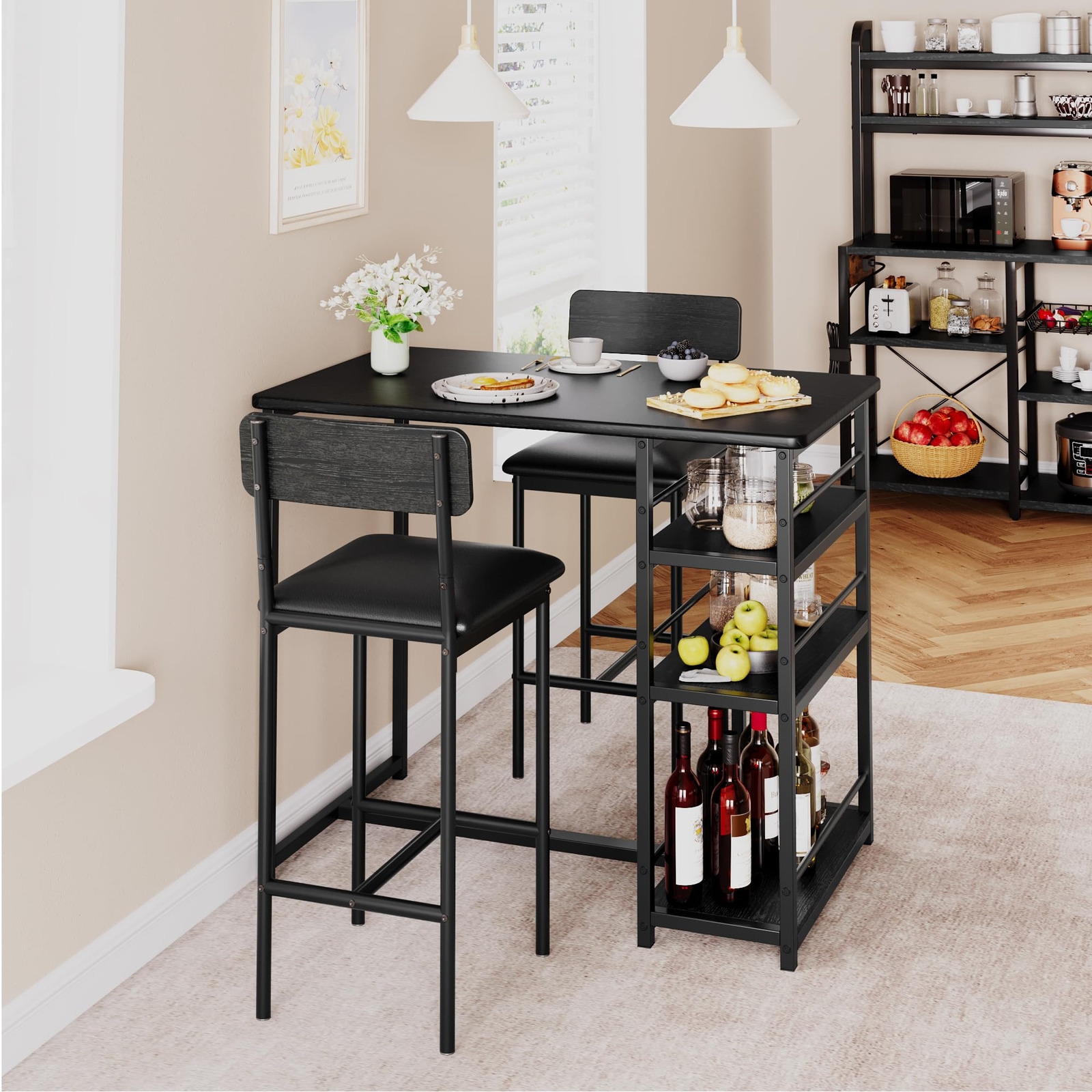 Dining Room Table Set Home Kitchen Table with 2 Upholstered Chairs and 3 Shelves
