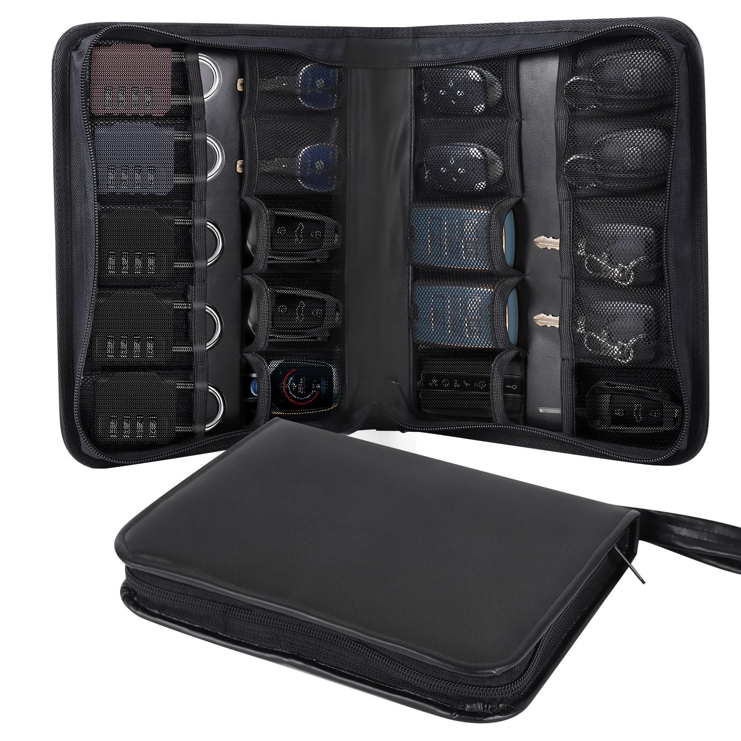 Portable Zippered Key Case,Car Holder Leather Compact, Black