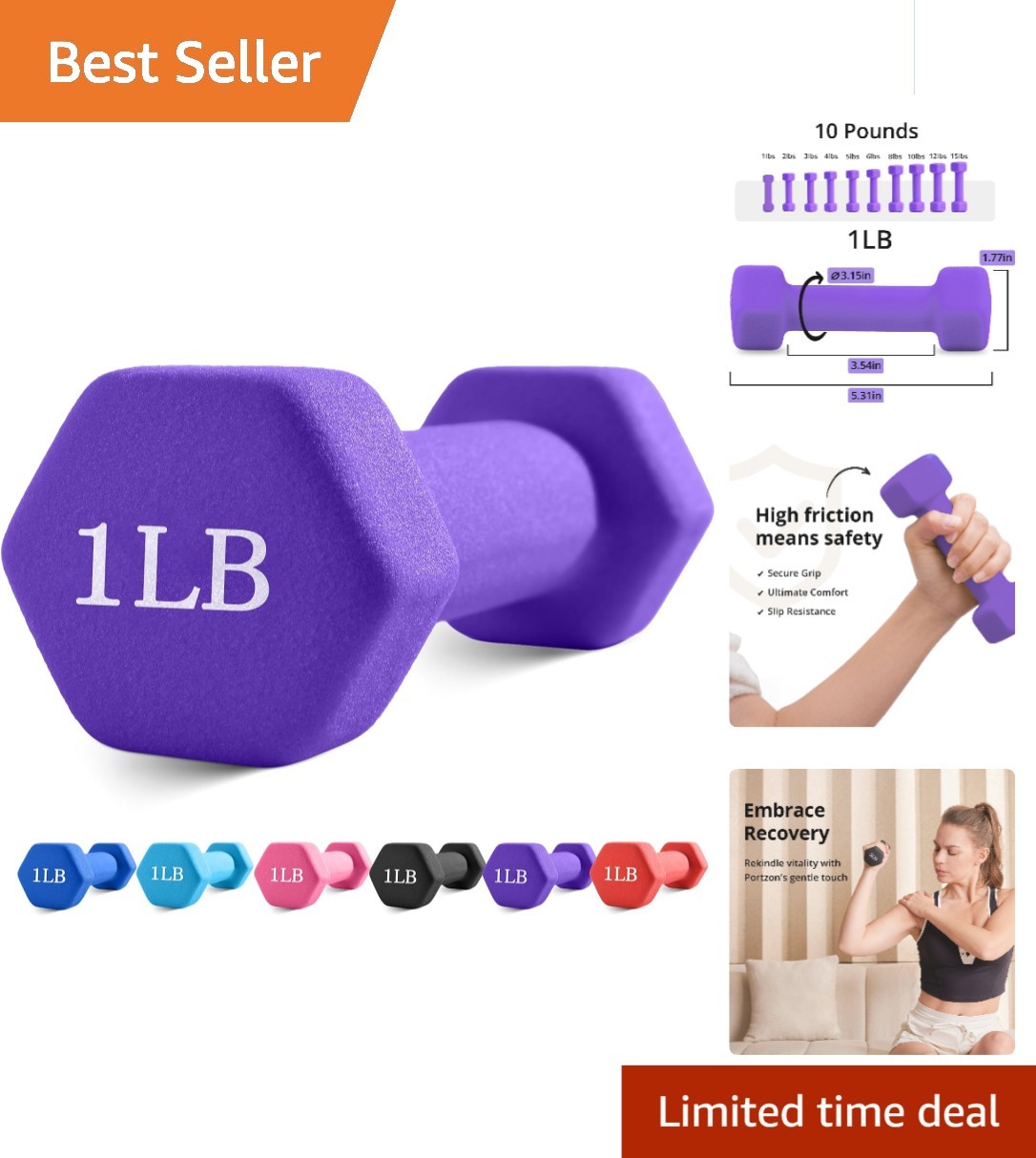 Neoprene Coated Dumbbells 1LB-3LB - Anti-Roll Hexagonal Fitness Gear for Seniors
