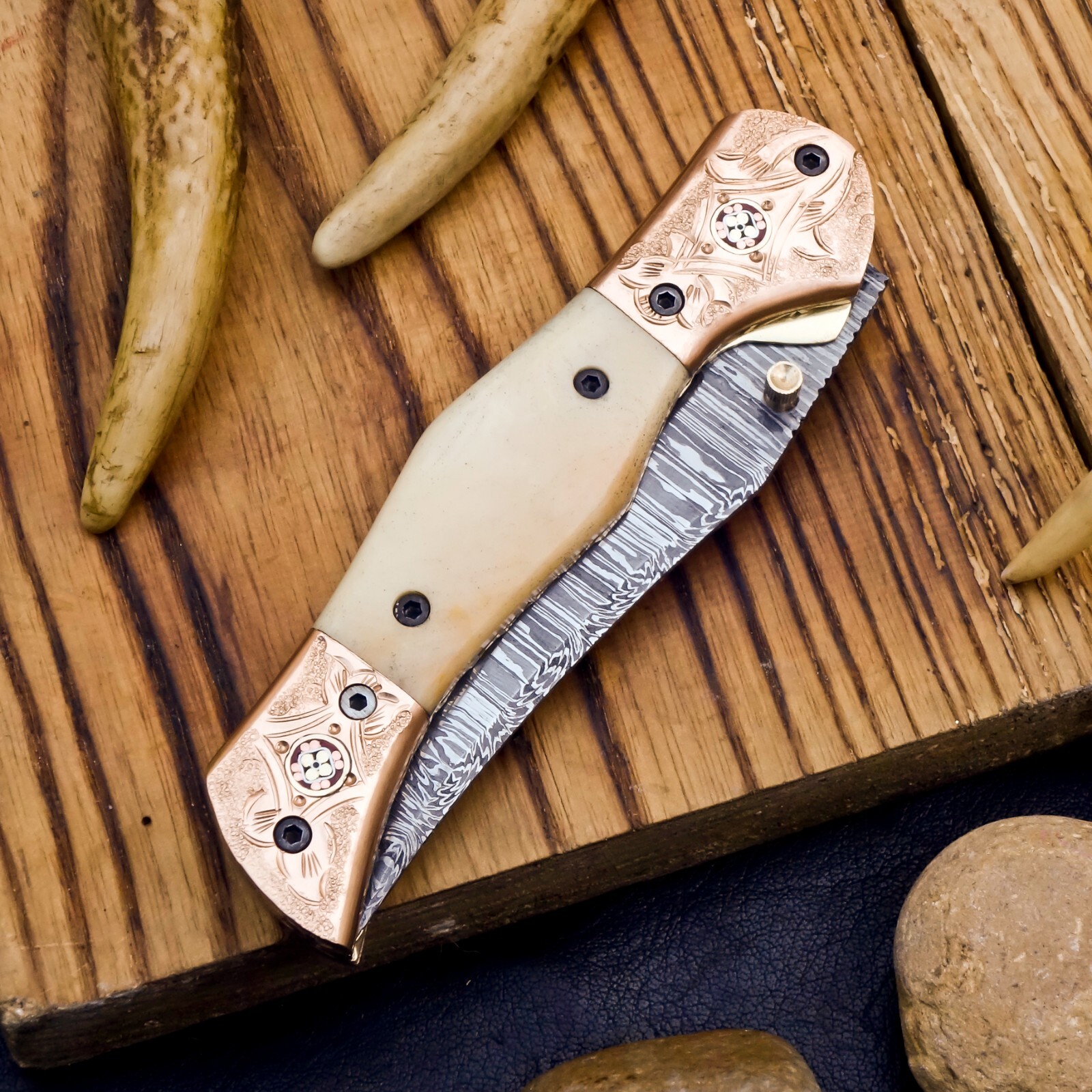 SHARD™Unique Fancy Folder Handmade Damascus Liner Lock Pocket Knife  W/Leather