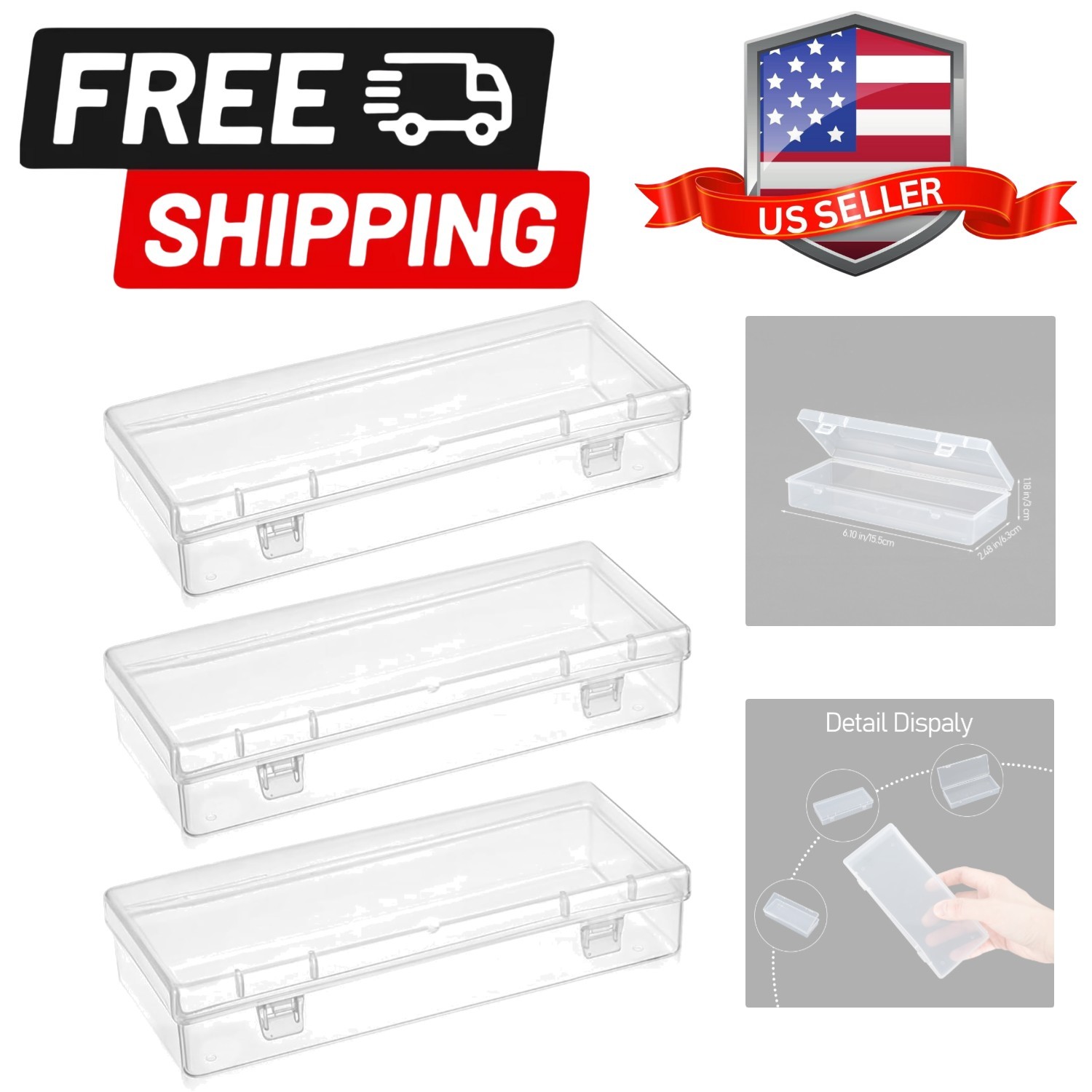 3pcs Mini Plastic Storage Containers Box with Hinged Lid, 6.1x2.5 Inches Smal...