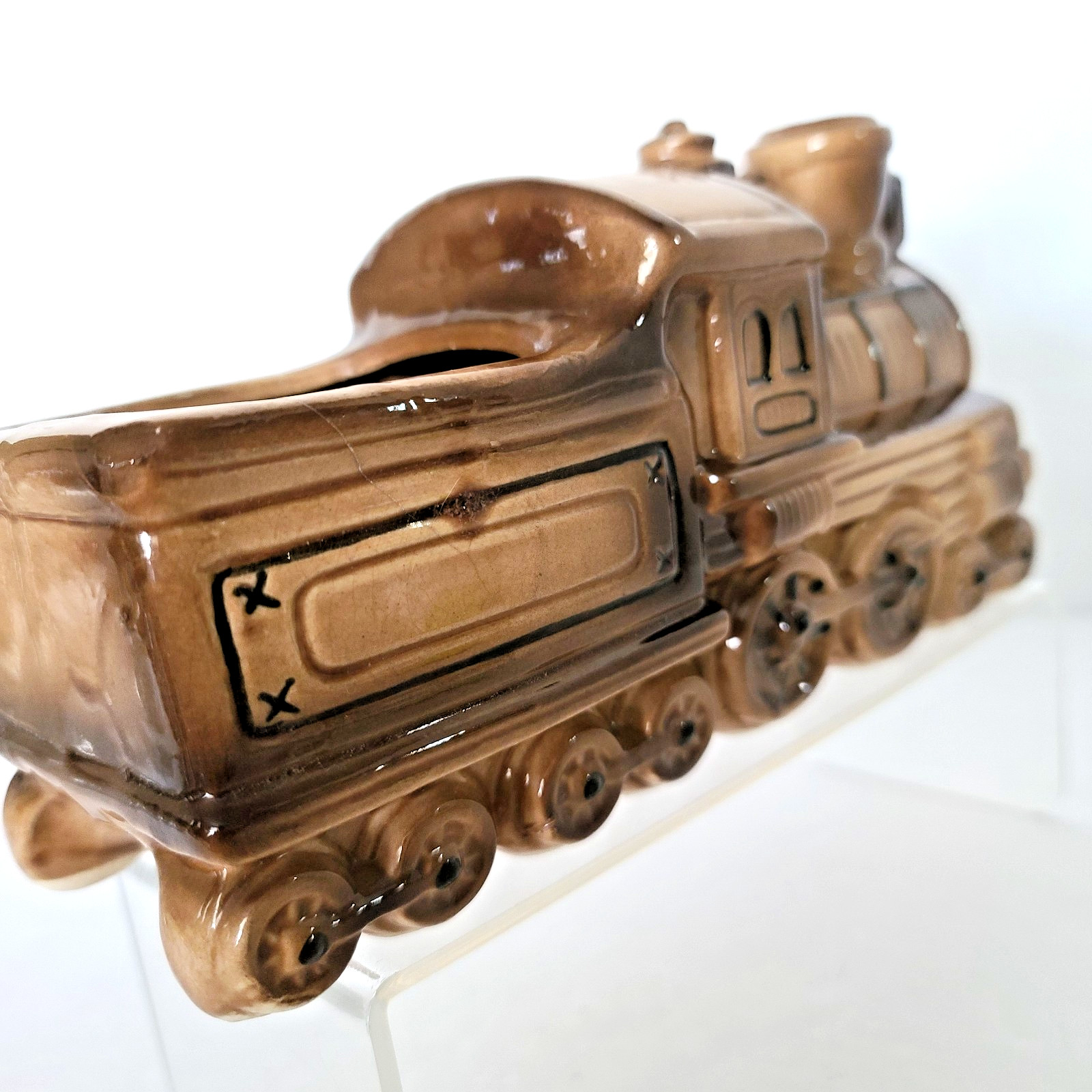 Vintage Locomotive Train Ceramic Planter Engine Mid Century Brown 8"