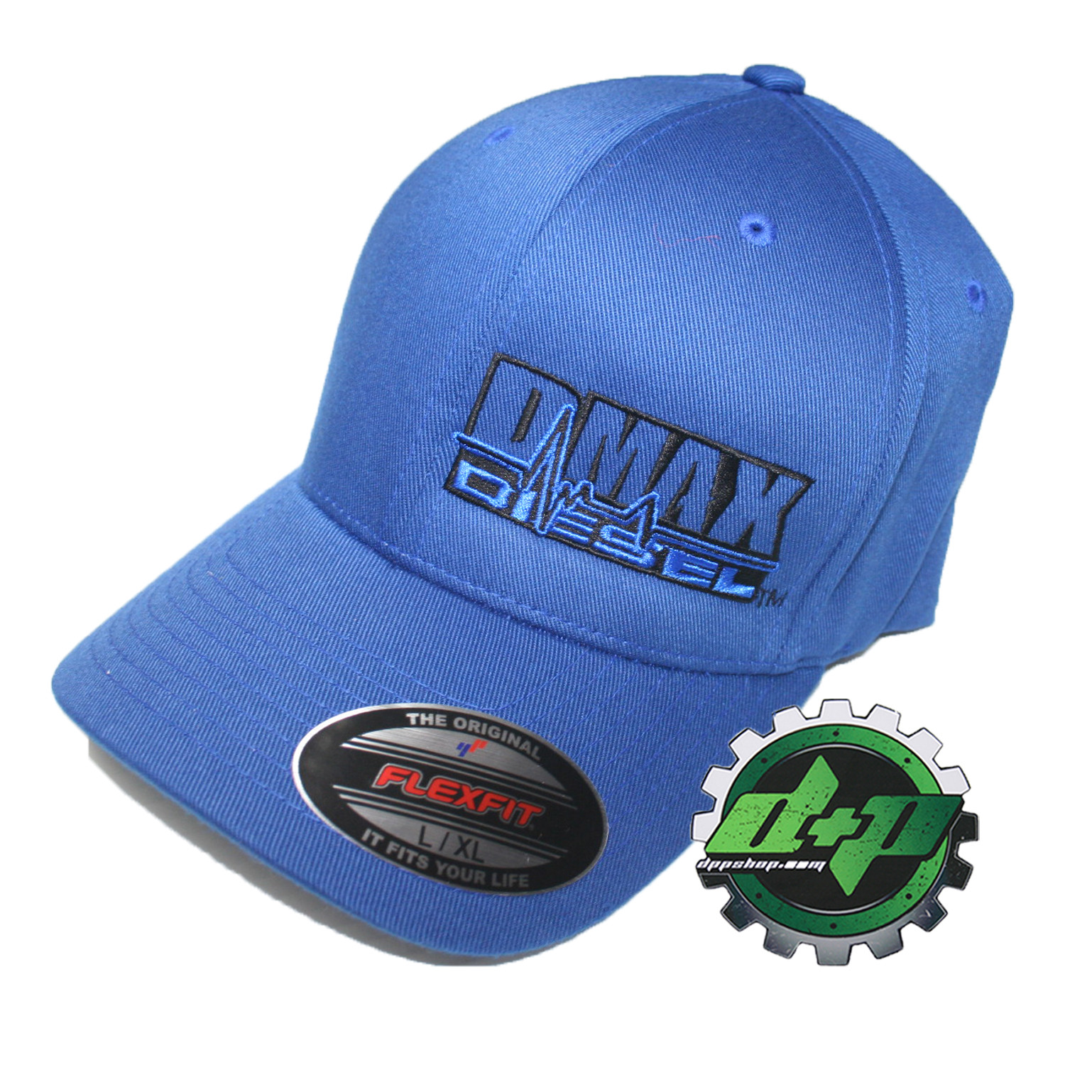 L/XL DMAX Diesel Flexfit fitted trucker BLUE ball cap hat Chevy Duramax
